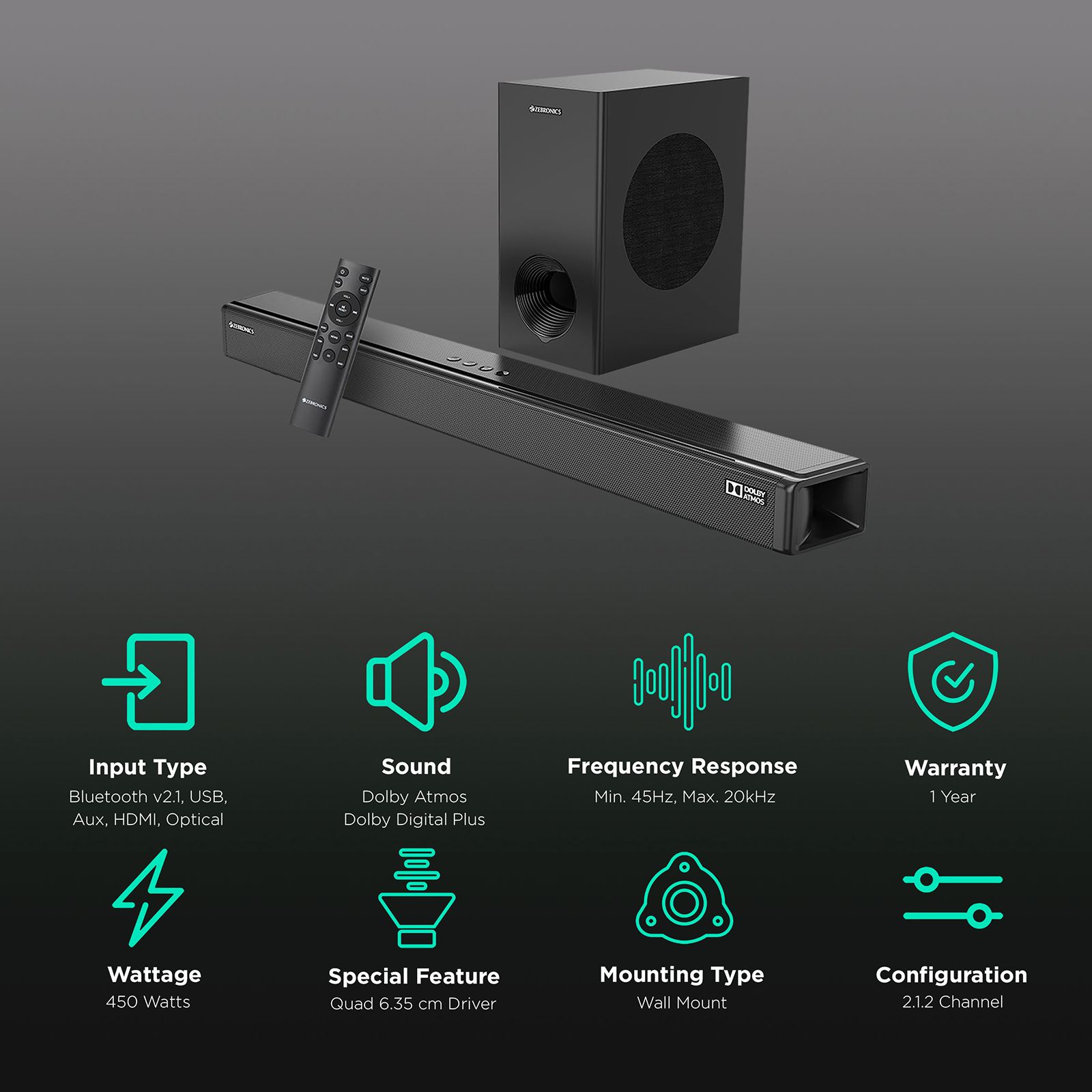 ZEBRONICS Zeb-Juke Bar 9800 450W Bluetooth Soundbar with Remote (Dolby Digital Plus, 2.1.2 Channel, Black) ZEBRONICS Zeb-Juke Bar 9800 450W Bluetooth Soundbar with Remote (Dolby Digital Plus, 2.1.2 Channel, Black)_2