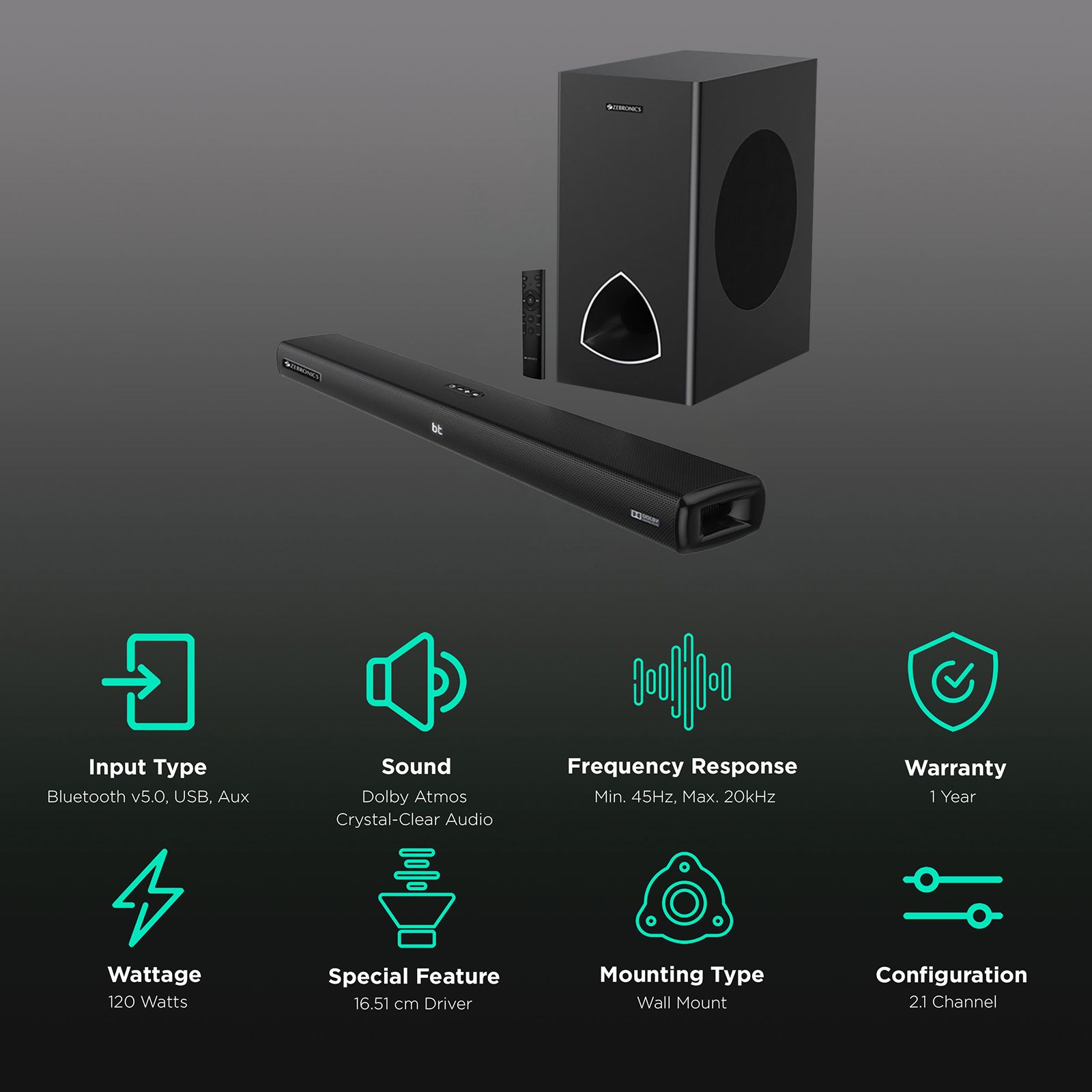 ZEBRONICS Zeb-Juke Bar 9001 Pro 120W Bluetooth Soundbar with Remote (Dolby Digital Plus, 2.1 Channel, Black)_2