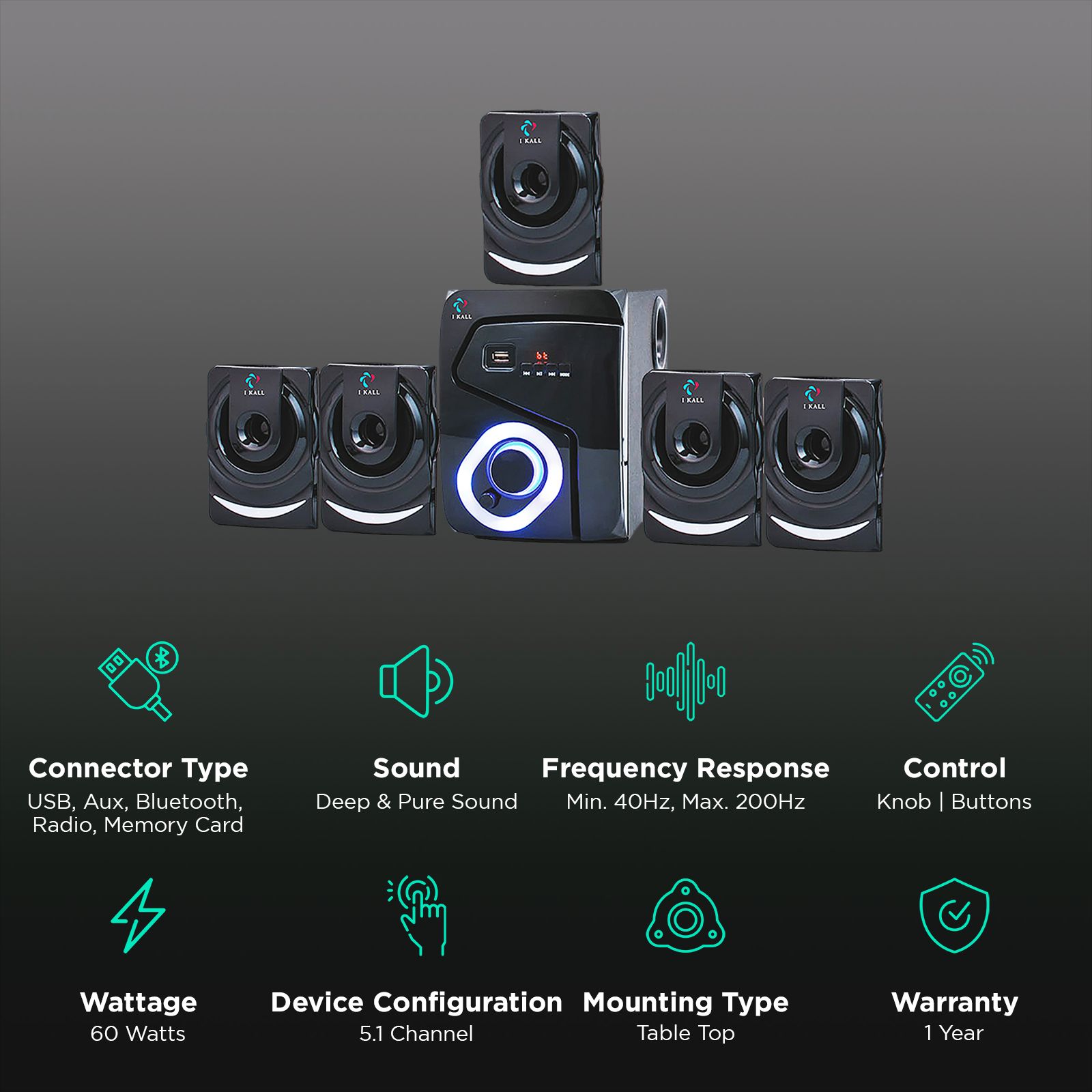 I KALL 5.1 Channel 60 Watts Multimedia Standard Home Theatre System (Wireless Music Streaming, IK-999, Black) I KALL 5.1 Channel 60 Watts Multimedia Standard Home Theatre System (Wireless Music Streaming, IK-999, Black)_2