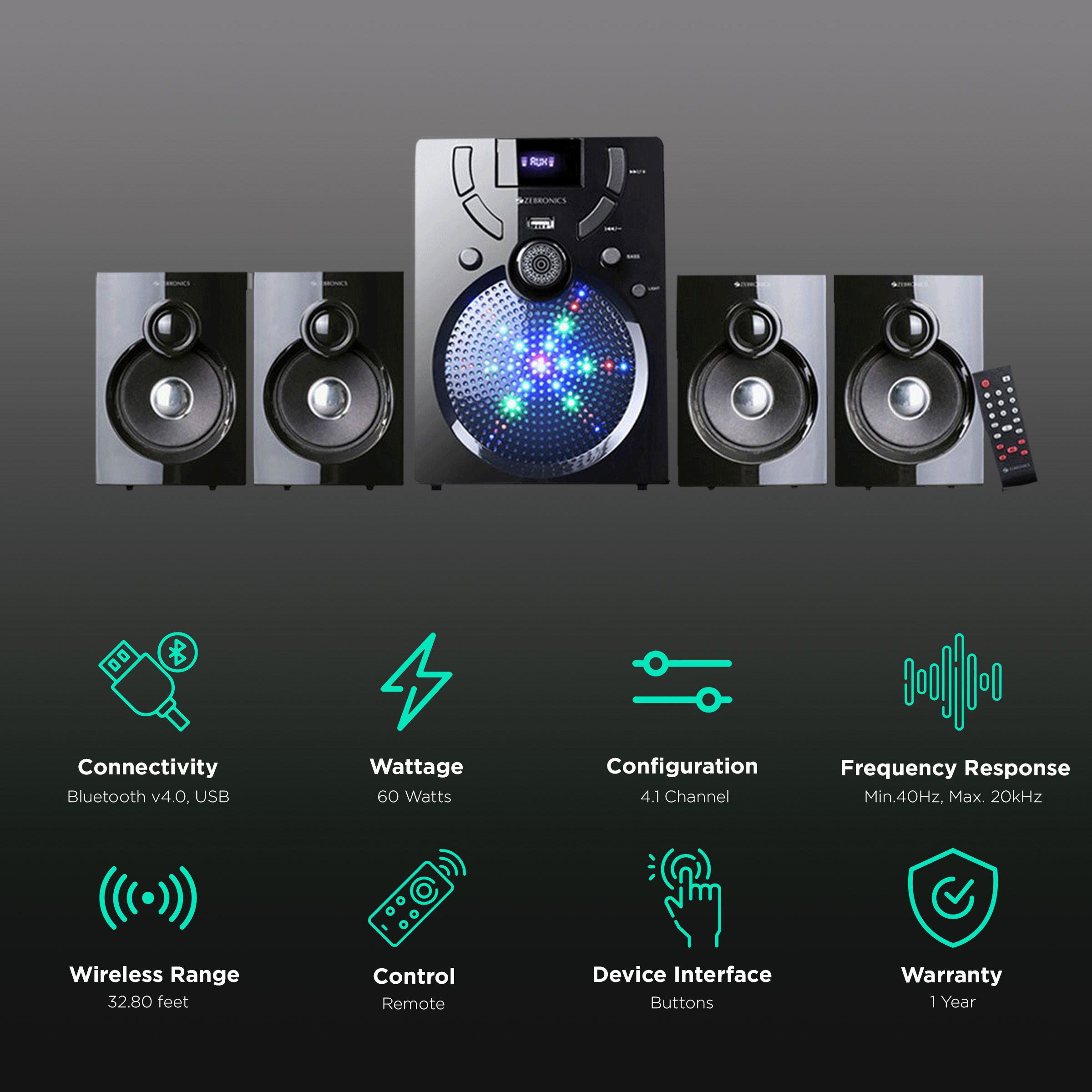 ZEBRONICS Udaan 60W Multimedia Speaker (Built-in FM Radio, 4.1 Channel, Black) ZEBRONICS Udaan 60W Multimedia Speaker (Built-in FM Radio, 4.1 Channel, Black)_2