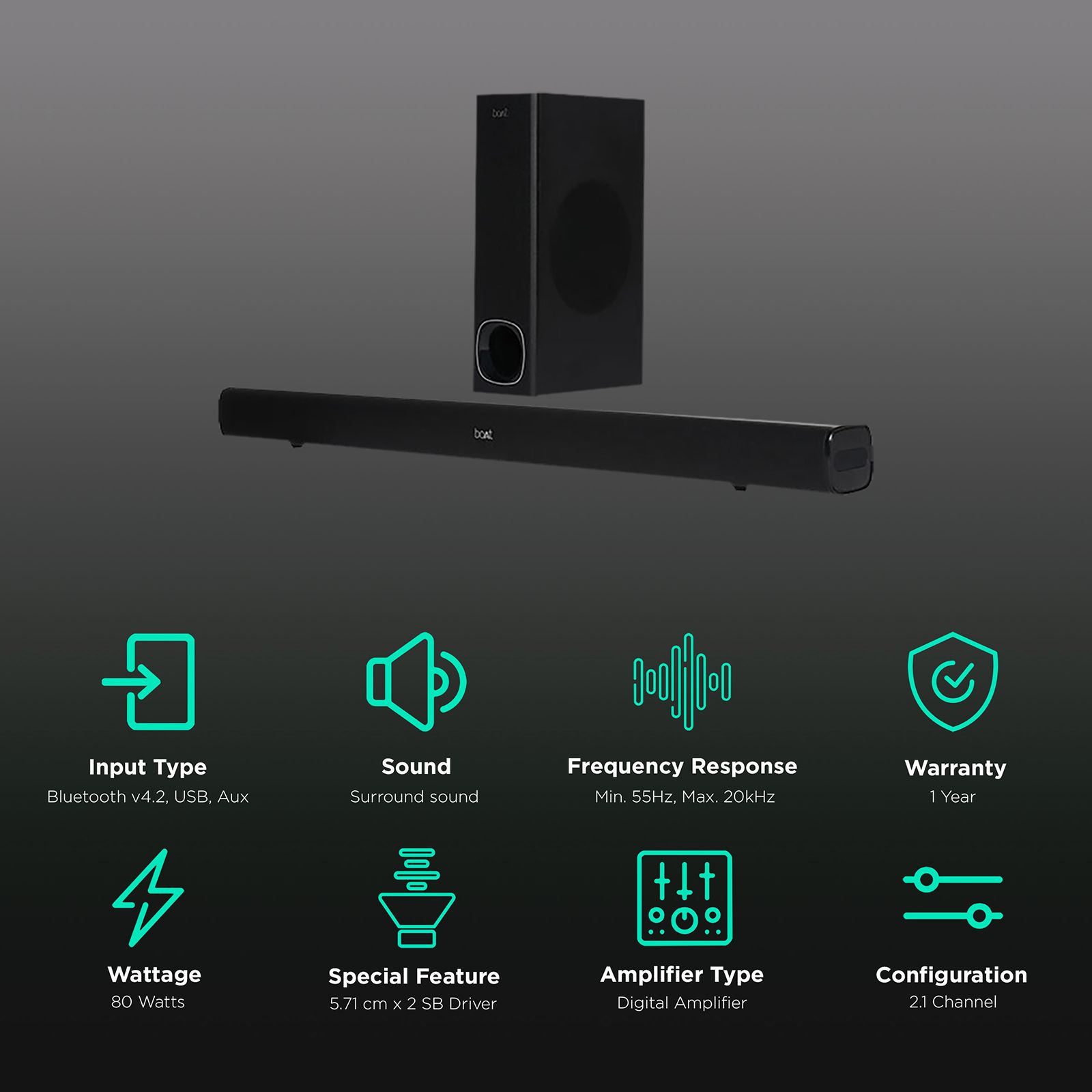 boAt Aavante Bar 1200 80W Bluetooth Soundbar with Remote (Stereo Surround Sound, 2.1 Channel, Black)_2