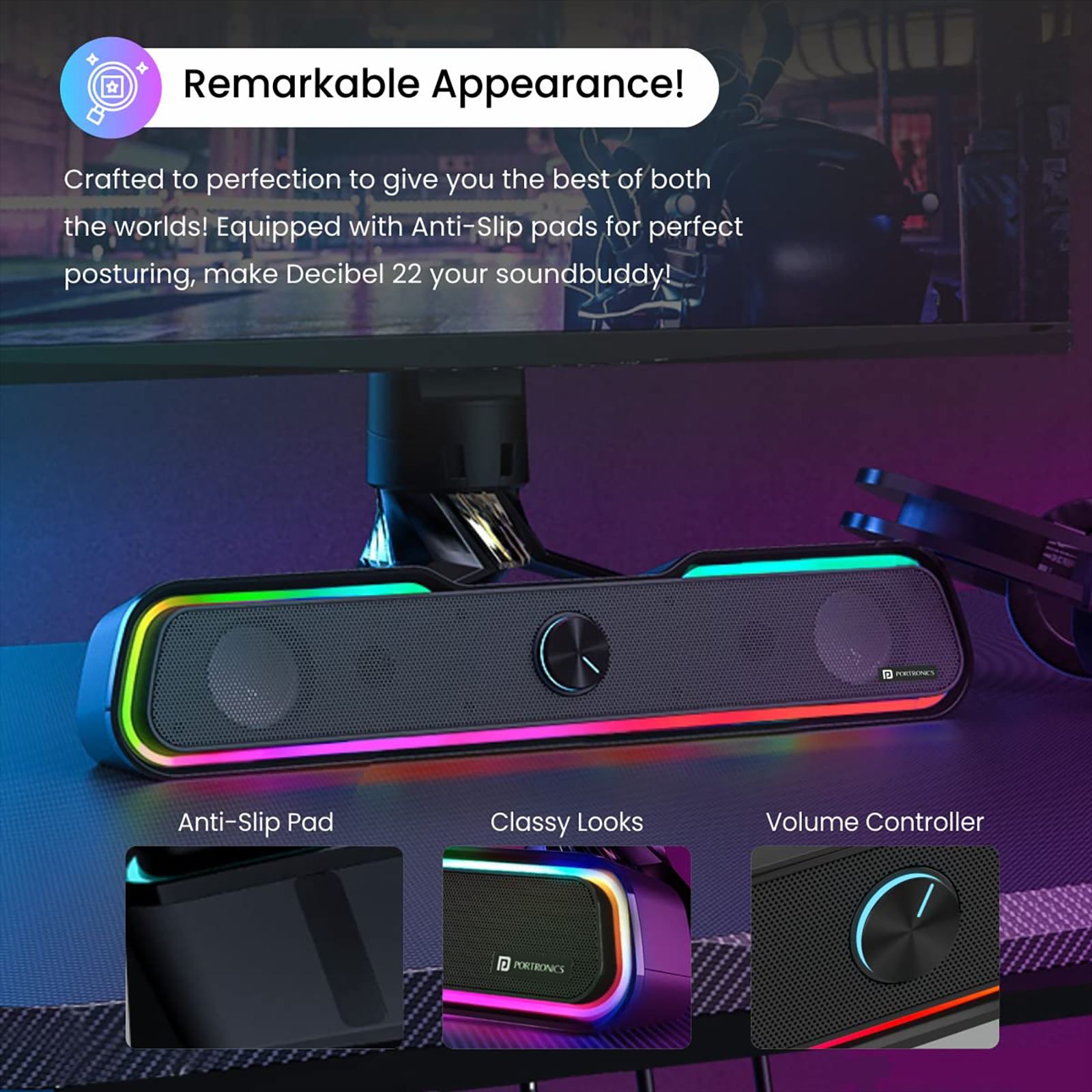 PORTRONICS Decibel 22 10W Bluetooth Soundbar (Lucid Quality of Bass, Black) PORTRONICS Decibel 22 10W Bluetooth Soundbar (Lucid Quality of Bass, Black)_9