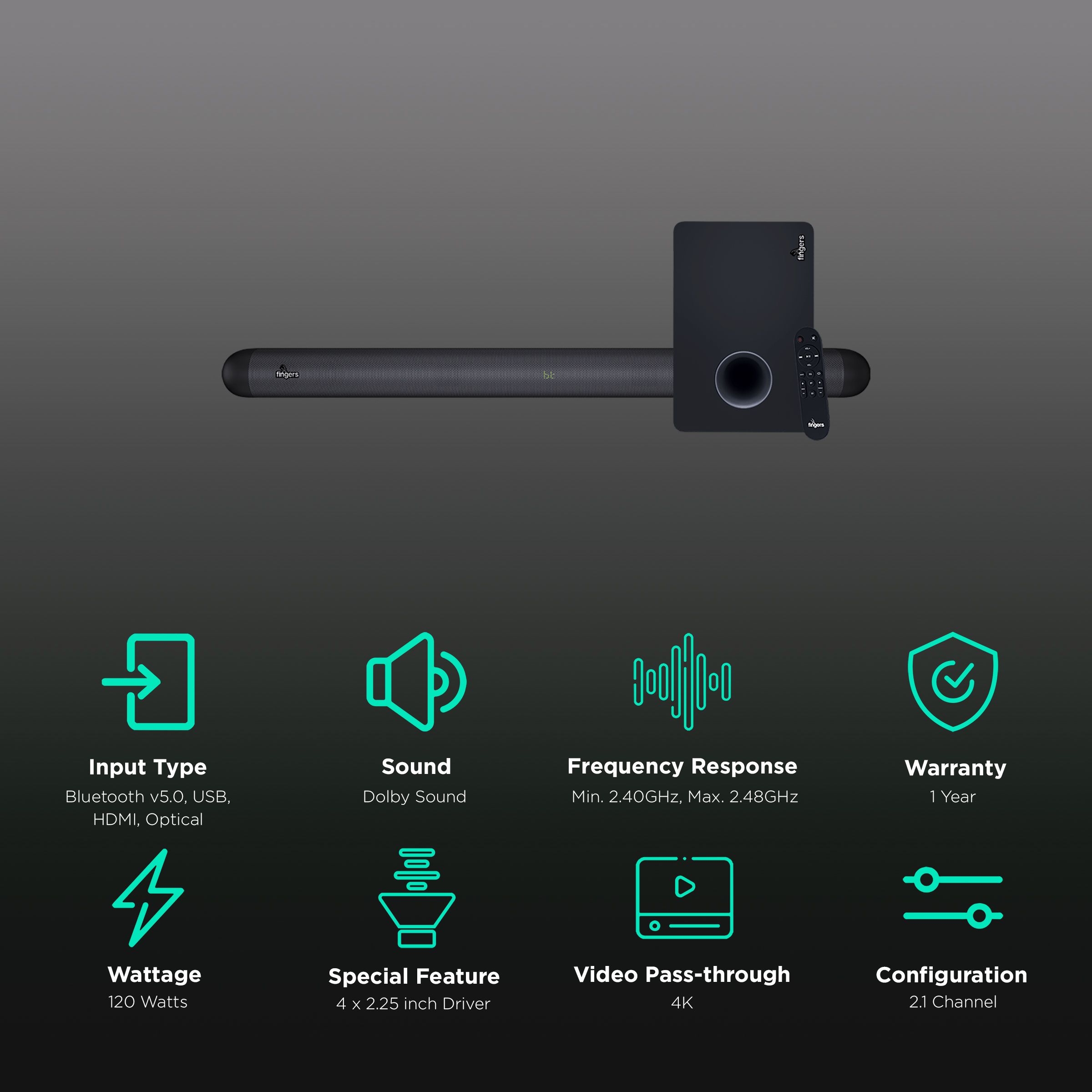 fingers Octane Dolby WL120 120W Bluetooth Soundbar with Remote (Dolby Digital Surround Sound, 2.1 Channel, Rich Black)_2