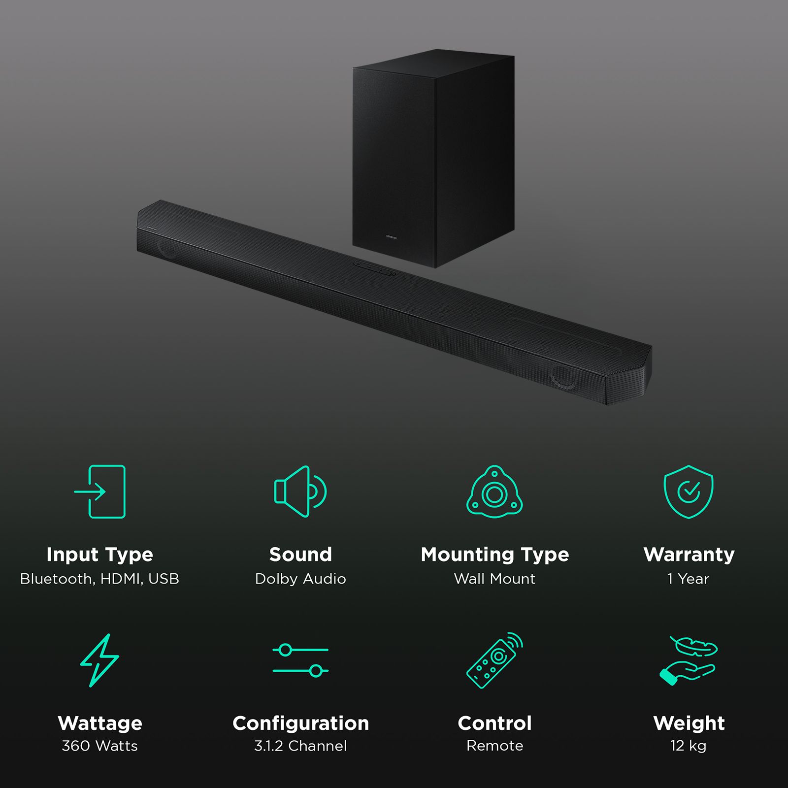 SAMSUNG HW-Q600B/XL 360W Bluetooth Soundbar with Remote (Dolby Audio, 3.1.2 Channel, Black) SAMSUNG HW-Q600B/XL 360W Bluetooth Soundbar with Remote (Dolby Audio, 3.1.2 Channel, Black)_2