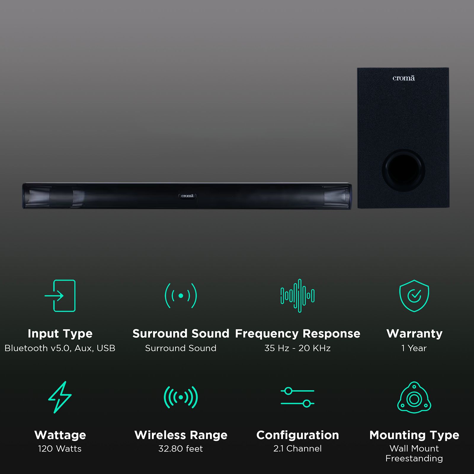 Croma 120W Bluetooth Soundbar with Remote (Surround Sound, 2.1 Channel, Black) Croma 120W Bluetooth Soundbar with Remote (Surround Sound, 2.1 Channel, Black)_2