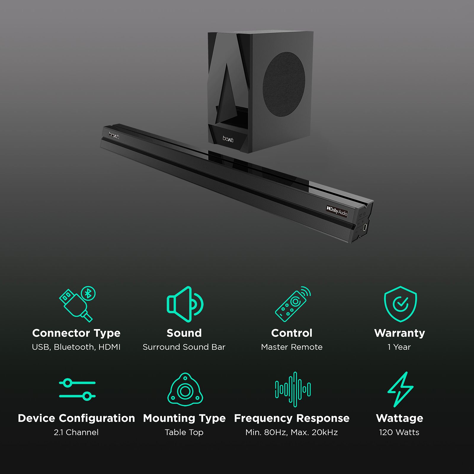boAt Aavante Bar 1700D 2.1 Channel 120 Watts Surround Sound Bar Home Theatre (Digital Audio Power Amplifier, Black) boAt Aavante Bar 1700D 2.1 Channel 120 Watts Surround Sound Bar Home Theatre (Digital Audio Power Amplifier, Black)_2
