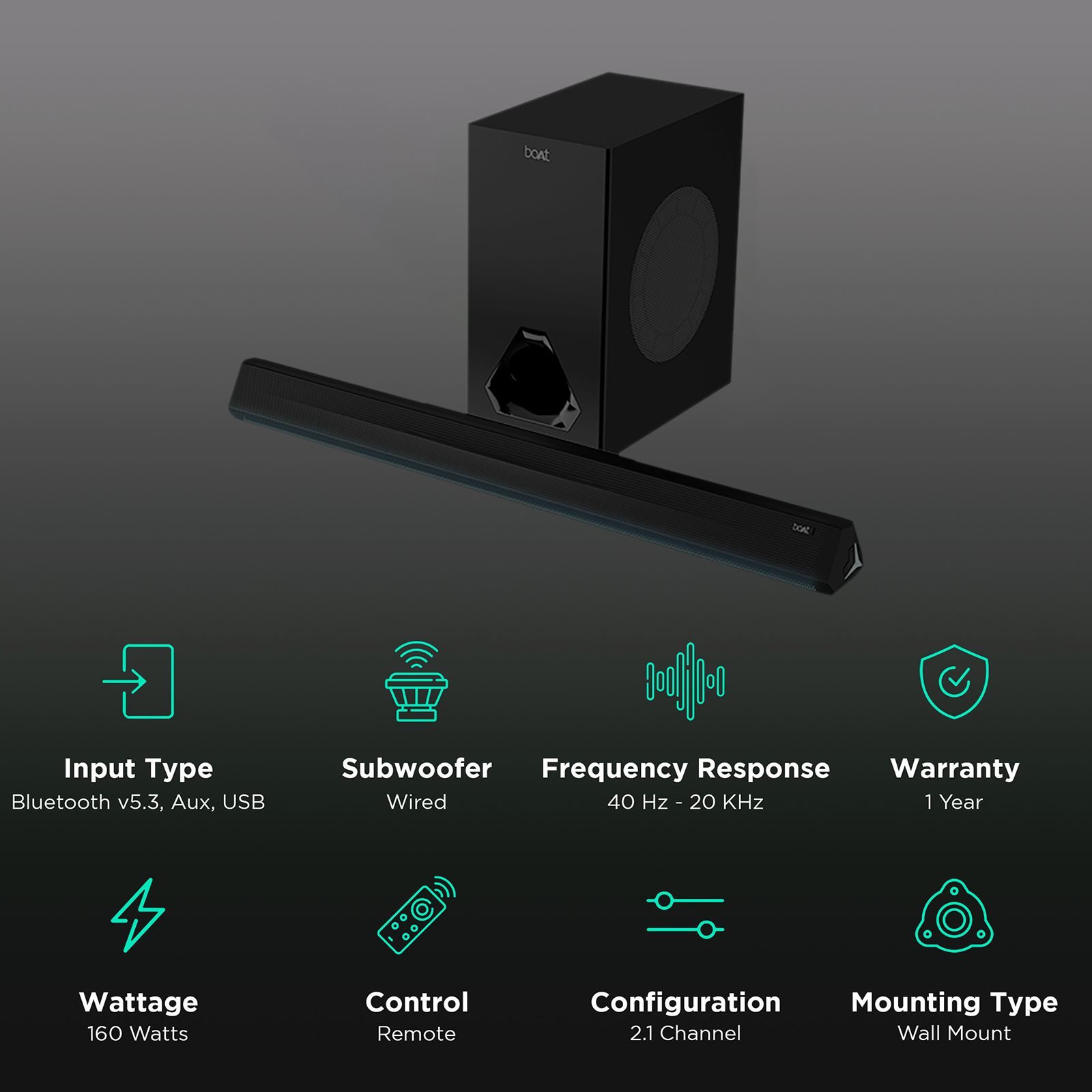 boAt Aavante Bar Aura 160W Bluetooth Soundbar with Remote (Surround Sound, 2.1 Channel, Black) boAt Aavante Bar Aura 160W Bluetooth Soundbar with Remote (Surround Sound, 2.1 Channel, Black)_1