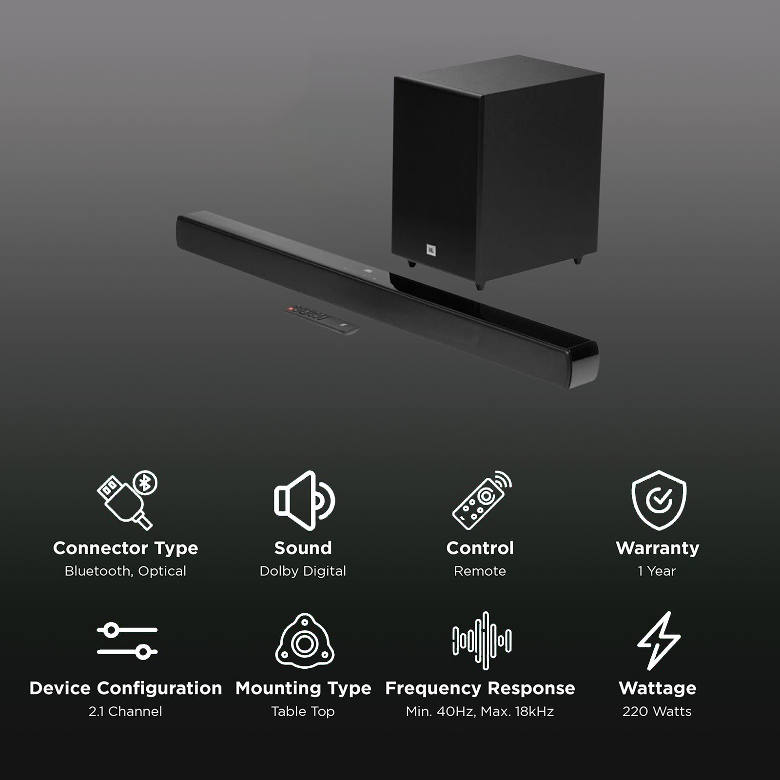 JBL Cinema SB170 220W Bluetooth Soundbar with Remote (Dolby Digital, 2.1 Channel, Black) JBL Cinema SB170 220W Bluetooth Soundbar with Remote (Dolby Digital, 2.1 Channel, Black)_2