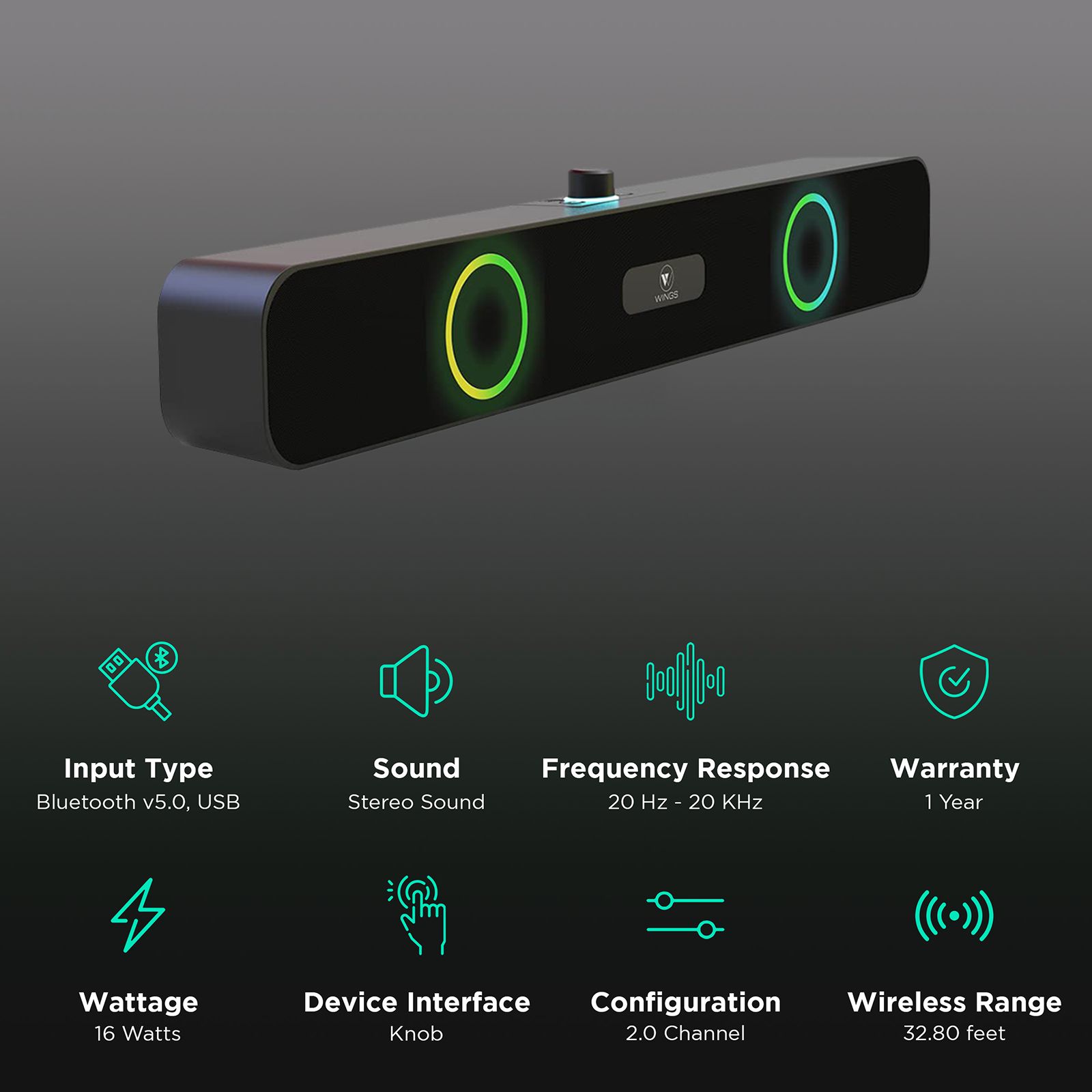 WINGS Center Stage 120 16W Bluetooth Soundbar (Surround Sound, 2.0 Channel, Black) WINGS Center Stage 120 16W Bluetooth Soundbar (Surround Sound, 2.0 Channel, Black)_2