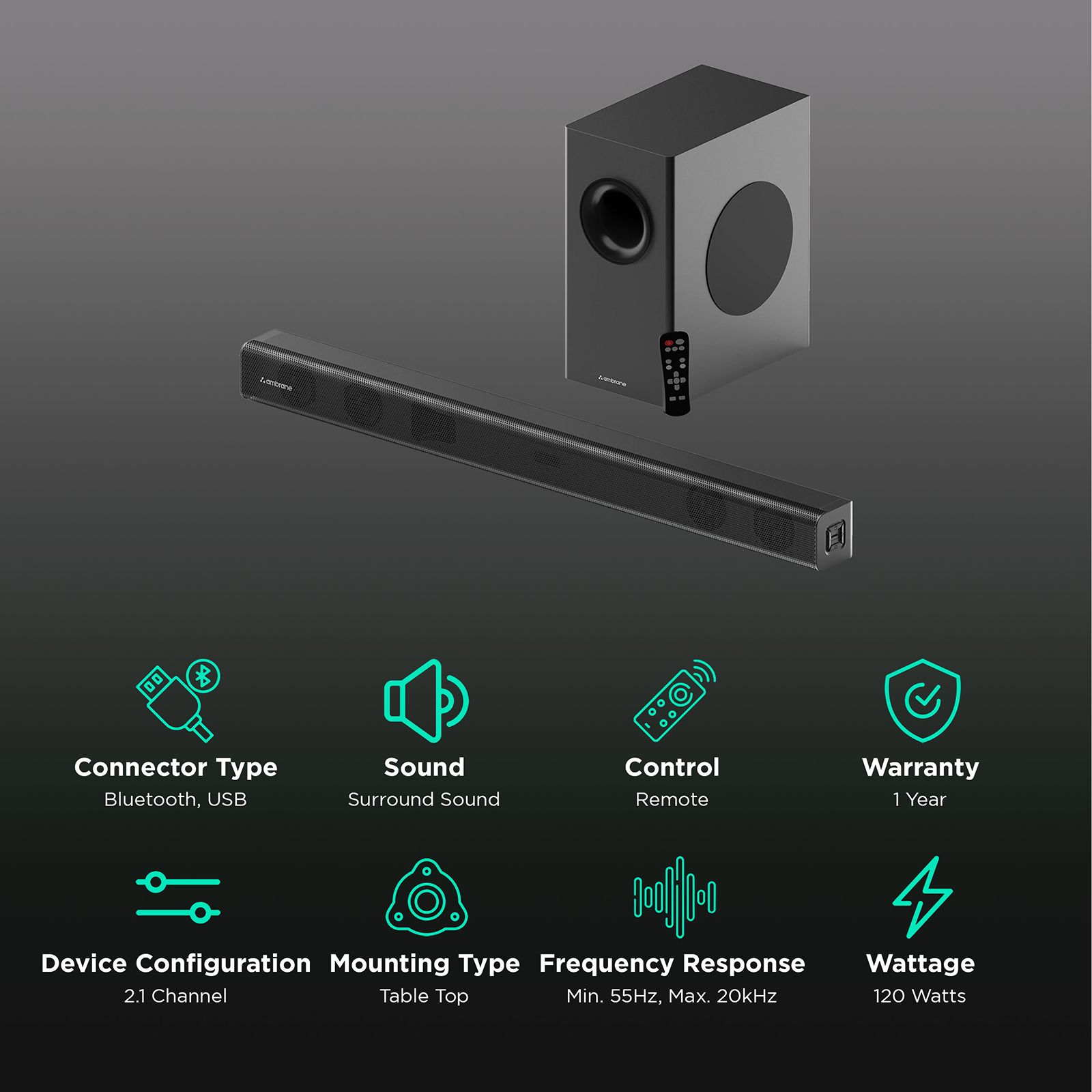 ambrane Evoke Bar 120W Bluetooth Soundbar with Remote (Surround Sound, 2.1 Channel, Black) ambrane Evoke Bar 120W Bluetooth Soundbar with Remote (Surround Sound, 2.1 Channel, Black)_2