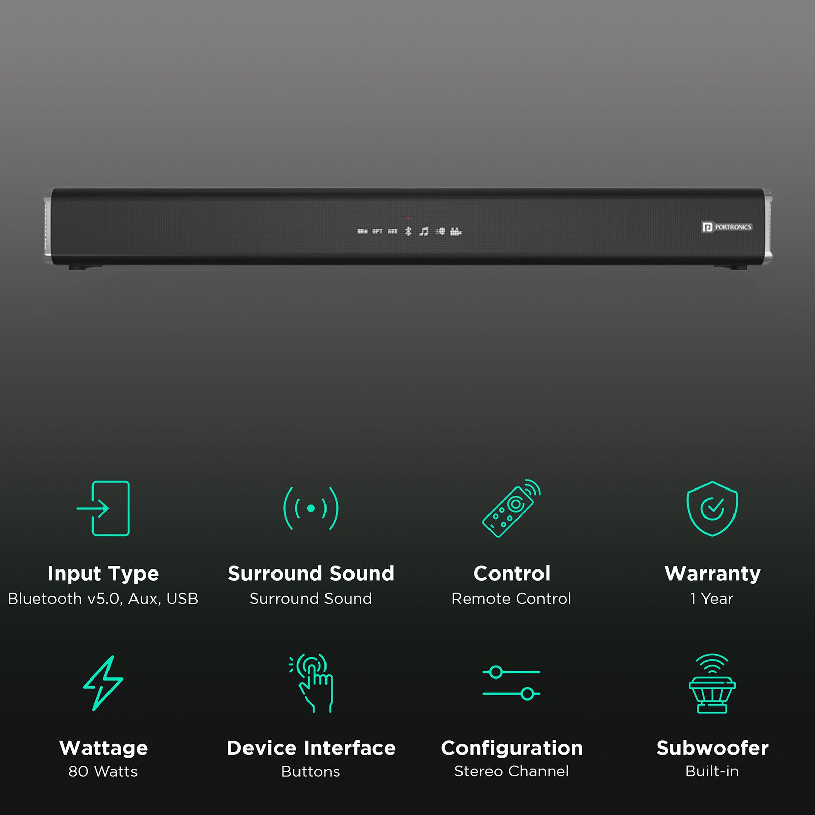 PORTRONICS Sound Slick 5 80W Bluetooth Soundbar with Remote (Surround Sound, Black) PORTRONICS Sound Slick 5 80W Bluetooth Soundbar with Remote (Surround Sound, Black)_2