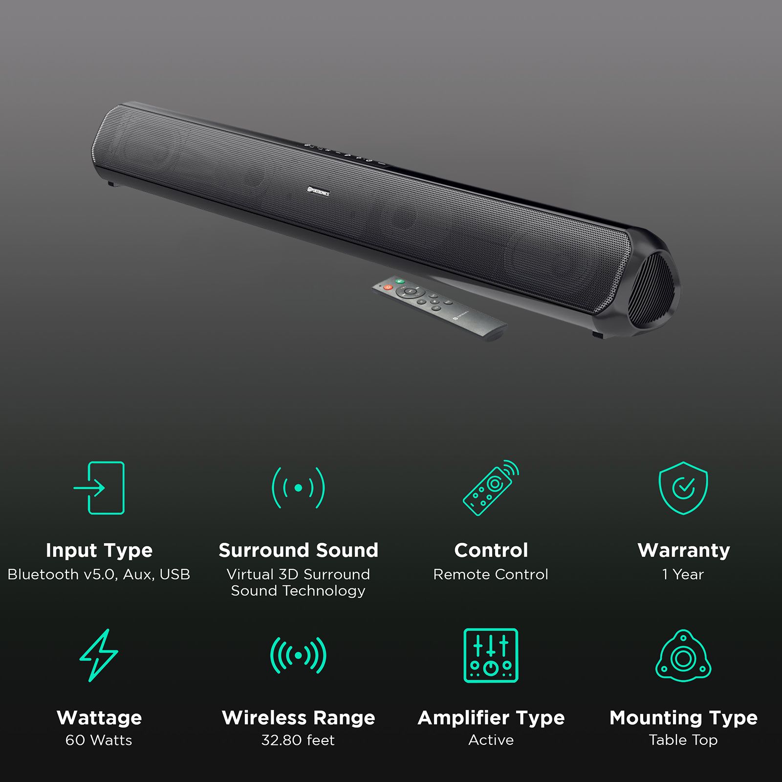 PORTRONICS Sound Slick 6 60W Bluetooth Soundbar with Remote (Virtual 3D Surround Sound Technology, Black) PORTRONICS Sound Slick 6 60W Bluetooth Soundbar with Remote (Virtual 3D Surround Sound Technology, Black)_2