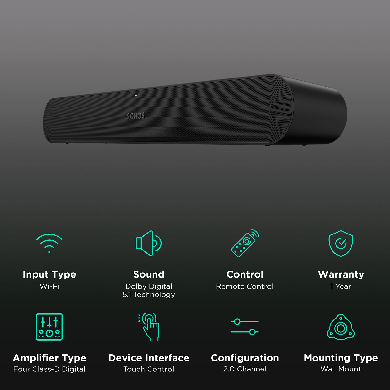 SONOS RAY WiFi Soundbar (Dolby Digital 5.1 Technology, 2.0 Channel, Black) SONOS RAY WiFi Soundbar (Dolby Digital 5.1 Technology, 2.0 Channel, Black)_2