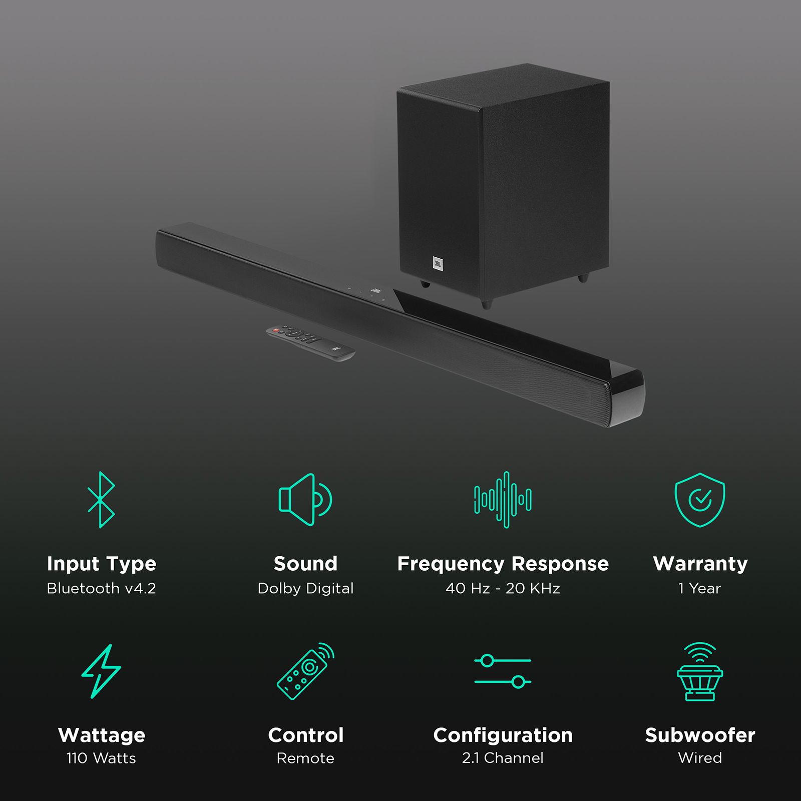 JBL Cinema SB140 110W Bluetooth Soundbar with Remote (Dolby Digital, 2.1 Channel, Black) JBL Cinema SB140 110W Bluetooth Soundbar with Remote (Dolby Digital, 2.1 Channel, Black)_2