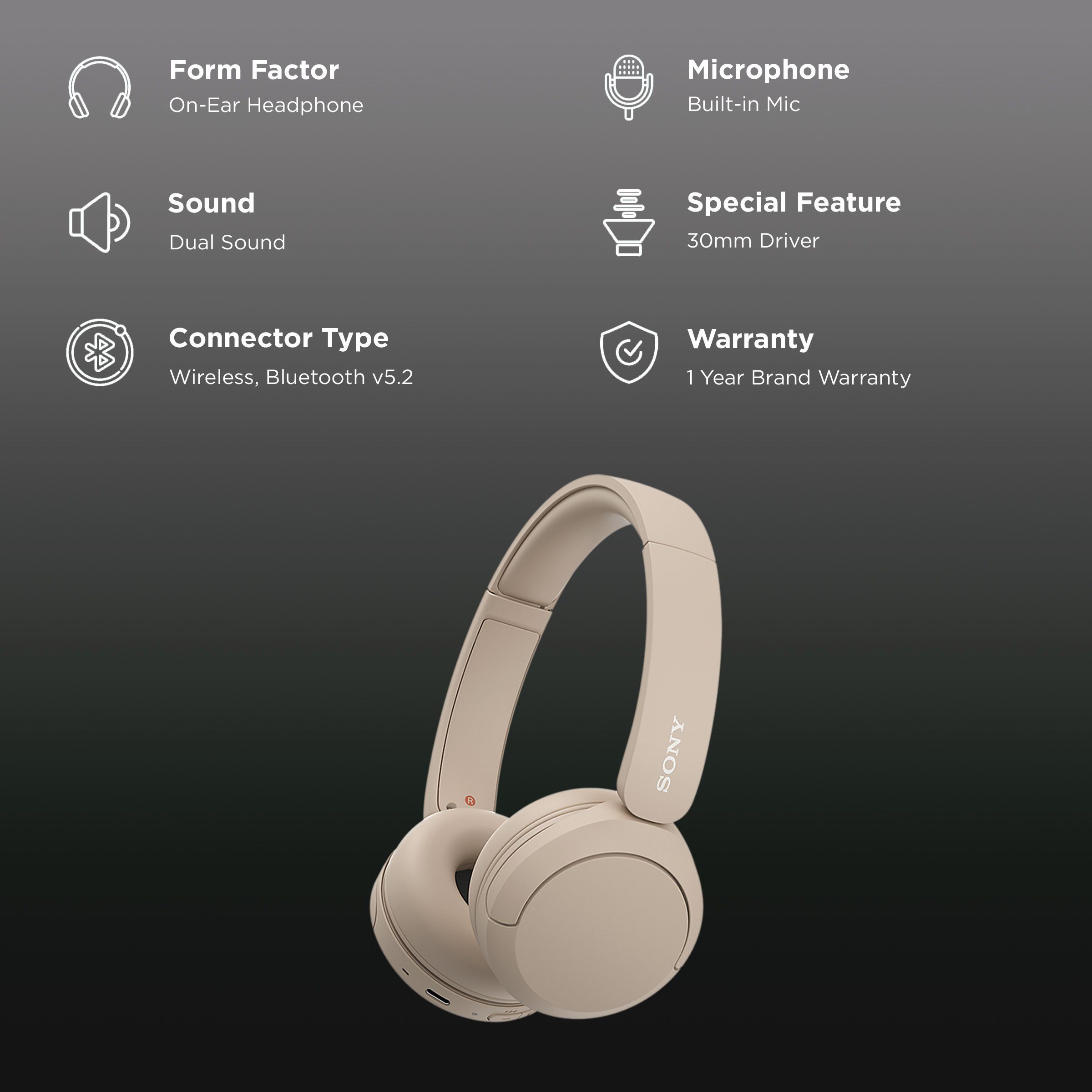 SONY WH-CH520 Bluetooth Headphone with Mic (30mm Driver, On Ear, Taupe) SONY WH-CH520 Bluetooth Headphone with Mic (30mm Driver, On Ear, Taupe)_2