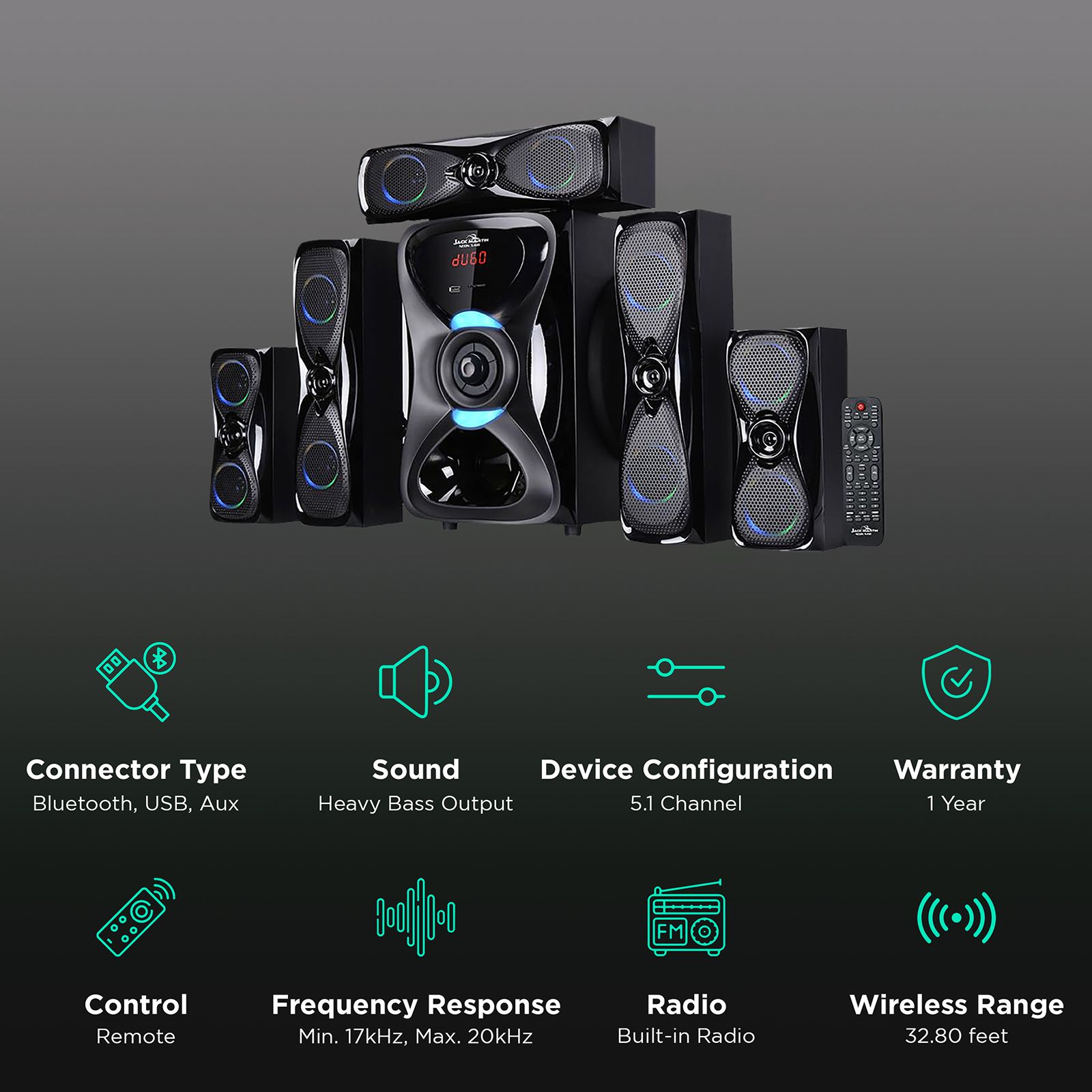 Jack Martin JM_X6 190W Bluetooth Home Theatre with Remote (Heavy Bass Output, 5.1 Channel, Black) Jack Martin JM_X6 190W Bluetooth Home Theatre with Remote (Heavy Bass Output, 5.1 Channel, Black)_2