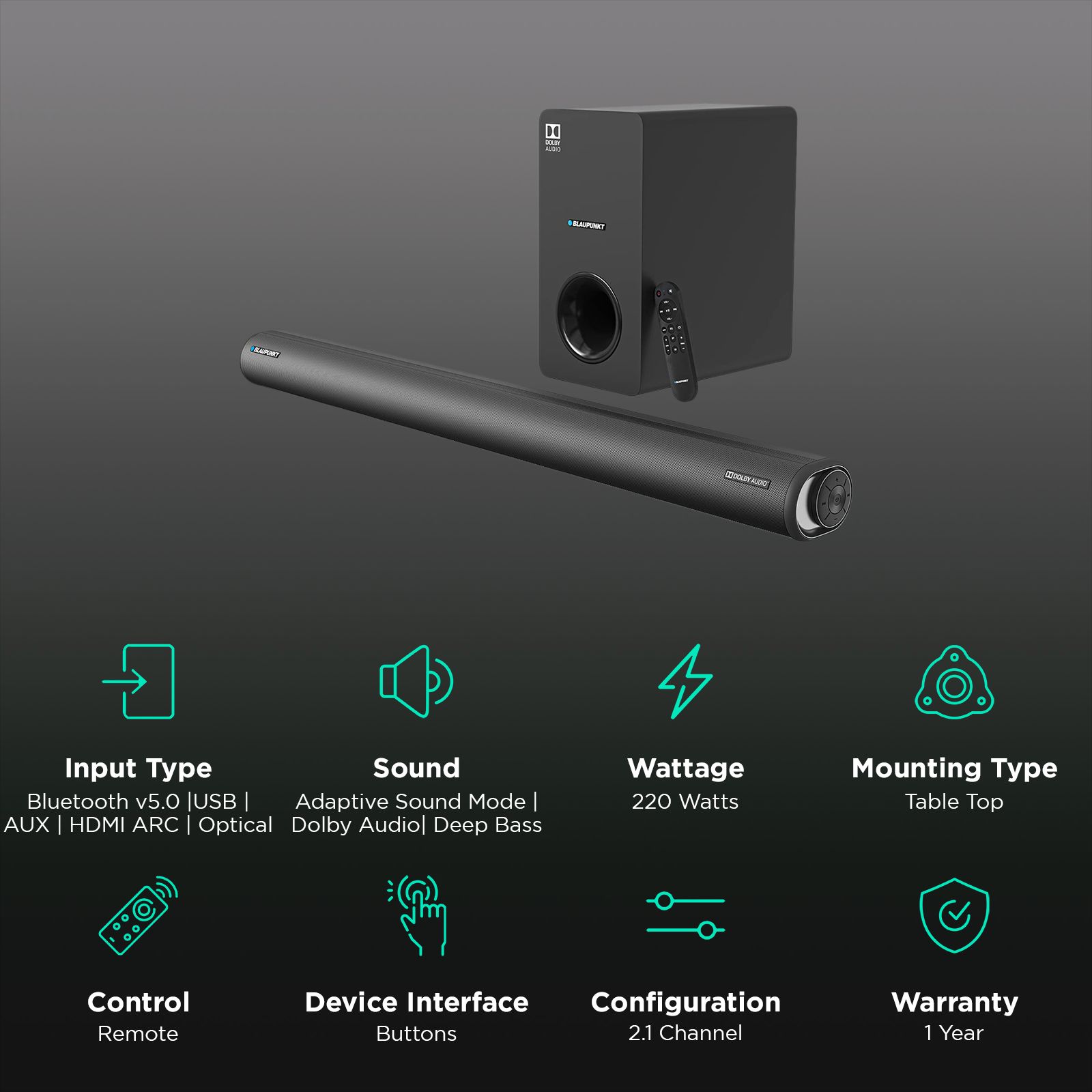 Blaupunkt SBWL100 220W Bluetooth Soundbar with Remote (Adaptive Sound Mode, 2.1 Channel, Black)_2