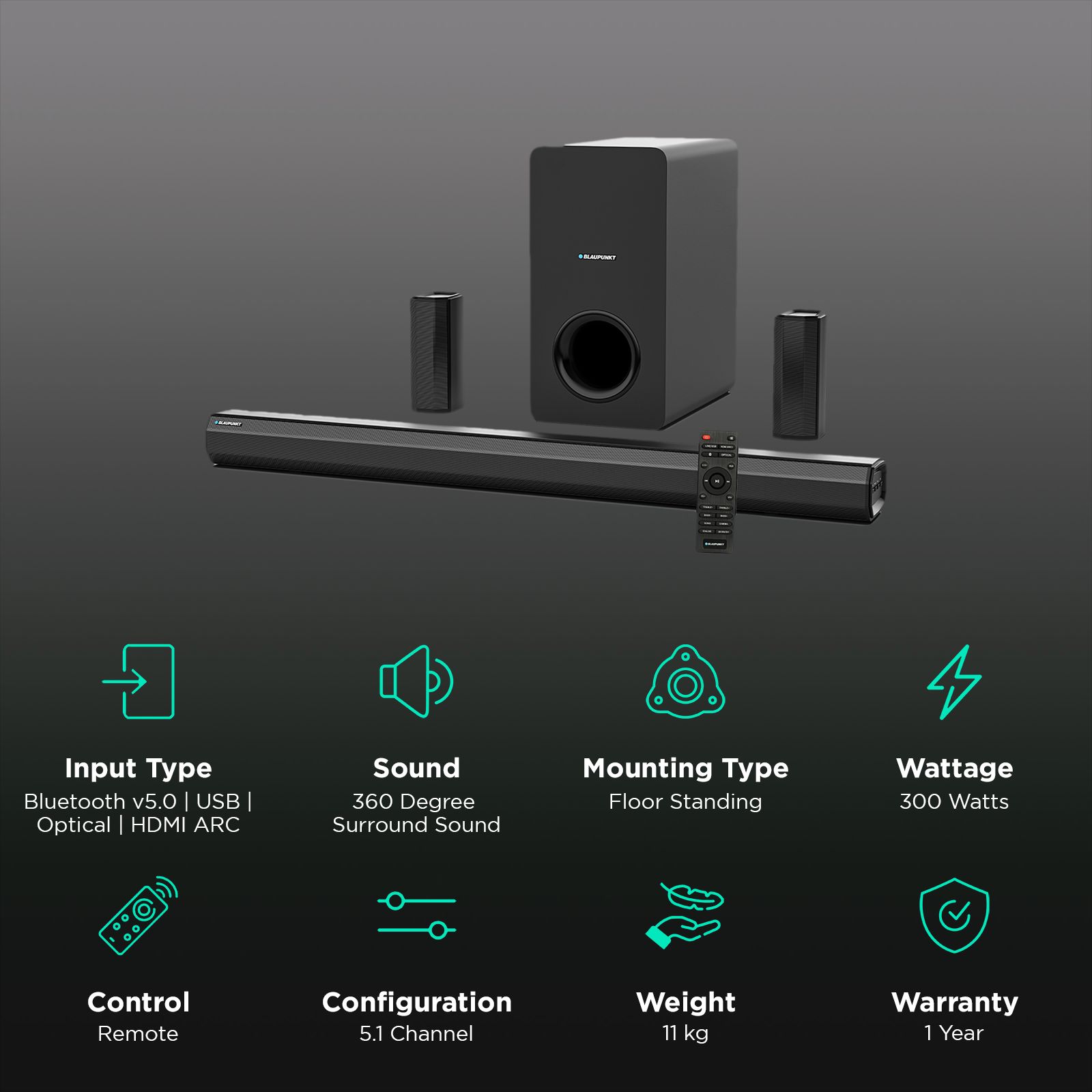 Blaupunkt SBW550 300 Watt Sound Bar with Remote ( 360 Degree Surround Sound, 5.1 Channel, Black )_2