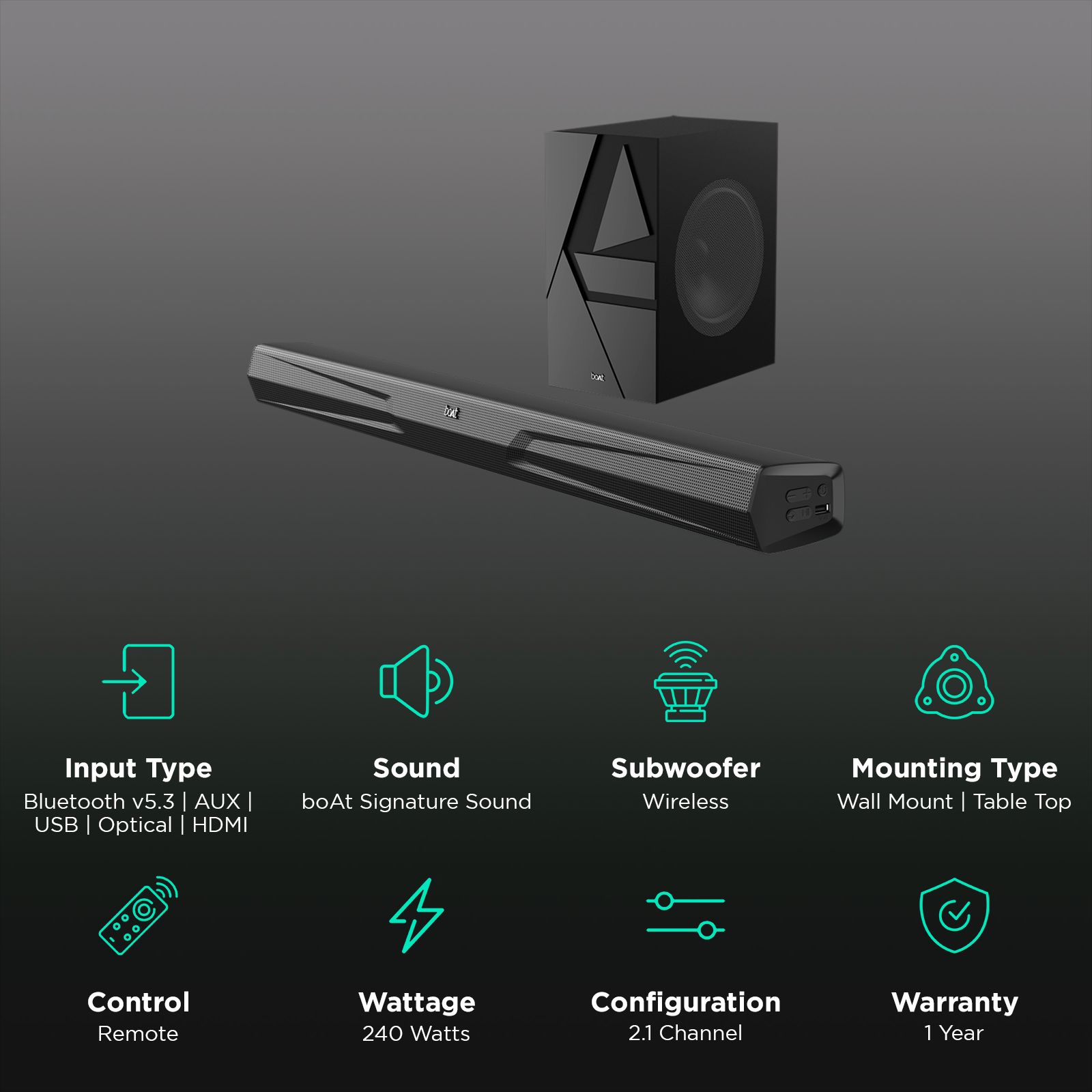boAt Aavante Bar Quake Pro 240W Bluetooth Soundbar with Remote (Entertainment EQ Modes, 2.1 Channel, Premium Black)_2