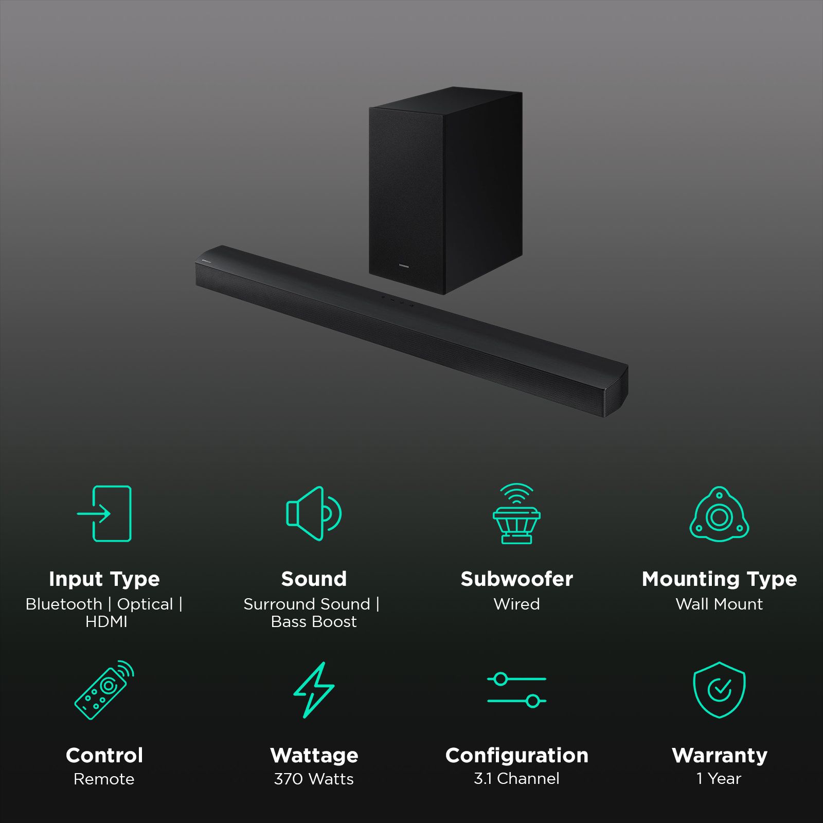 SAMSUNG B series 370W Bluetooth Soundbar with Remote (Dolby Audio, 3.1 Channel, Black)_2