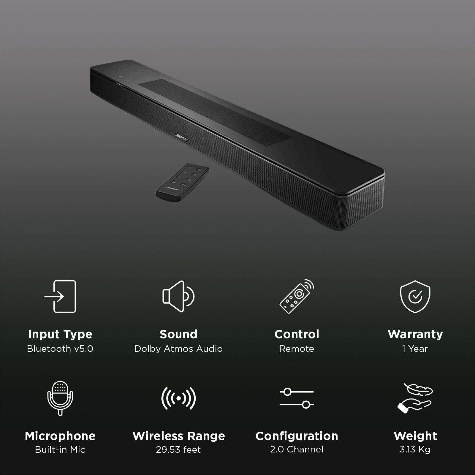 BOSE Smart Bluetooth Soundbar with Remote (Dolby Atmos, 2.0 Channel, Black)_2