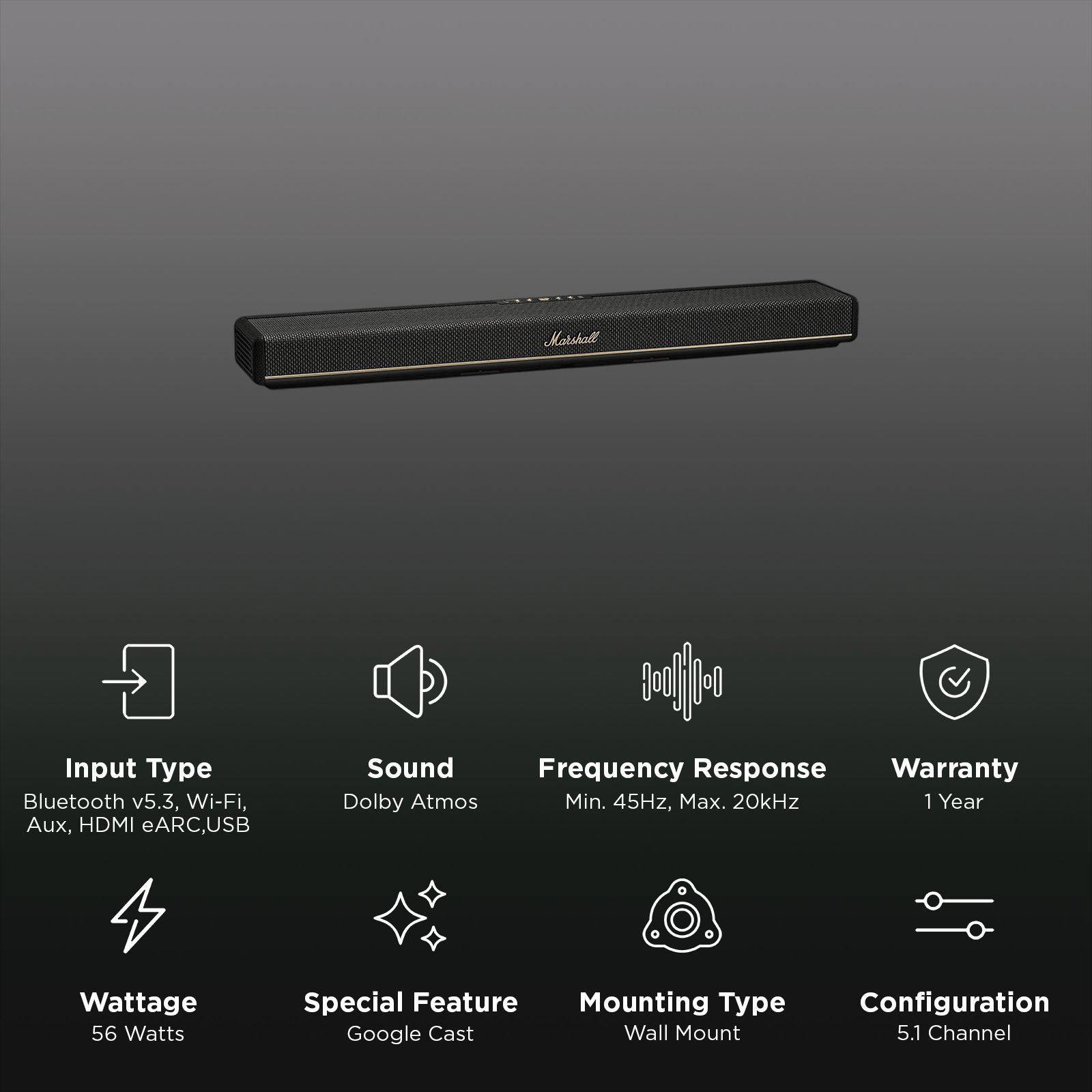 Marshall HESTON 60 56W Bluetooth Soundbar (Dolby Atmos, 5.1 Channel, Black)_2