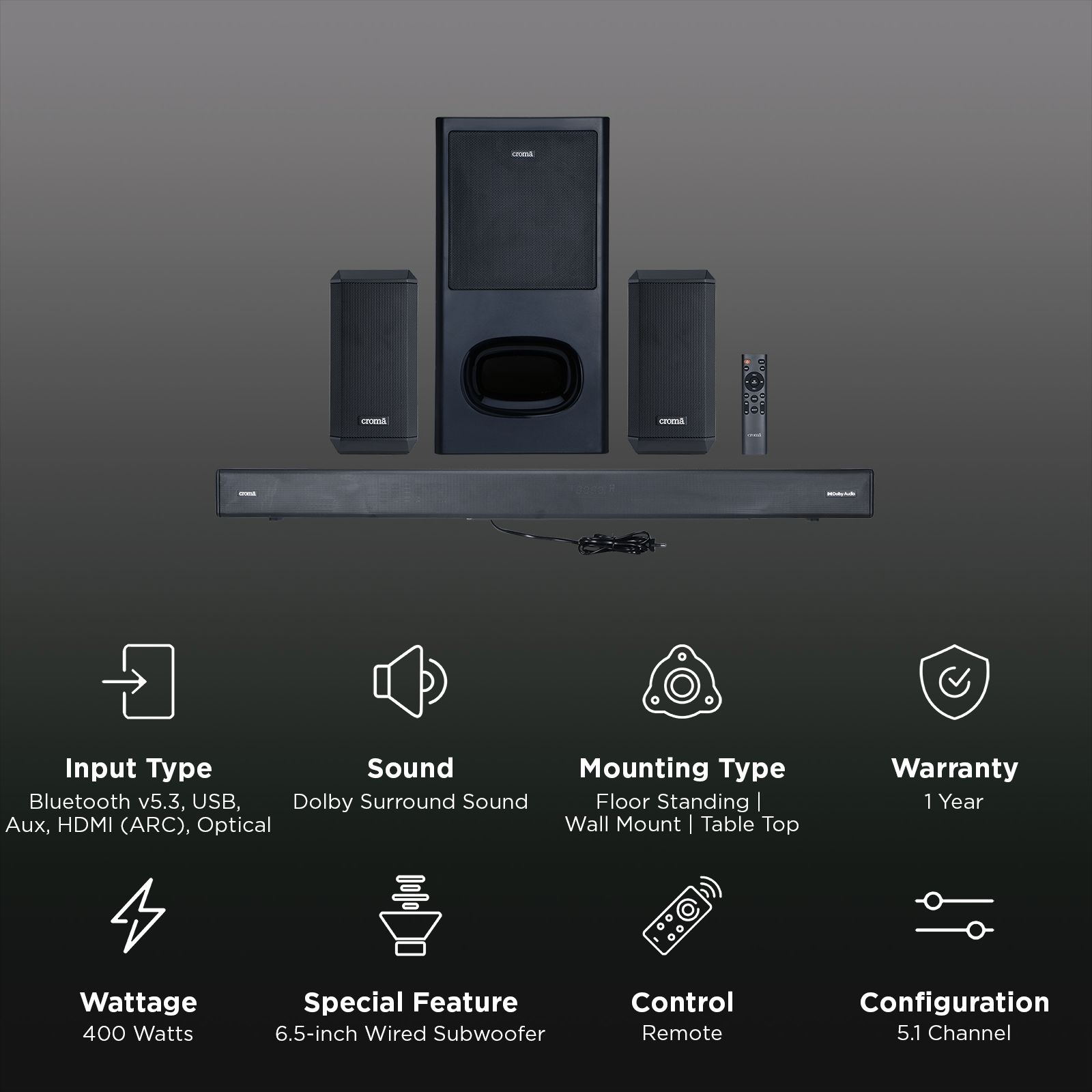 Croma 400W Bluetooth Soundbar with Remote (Dolby Audio, 5.1 Channel, Black)_2