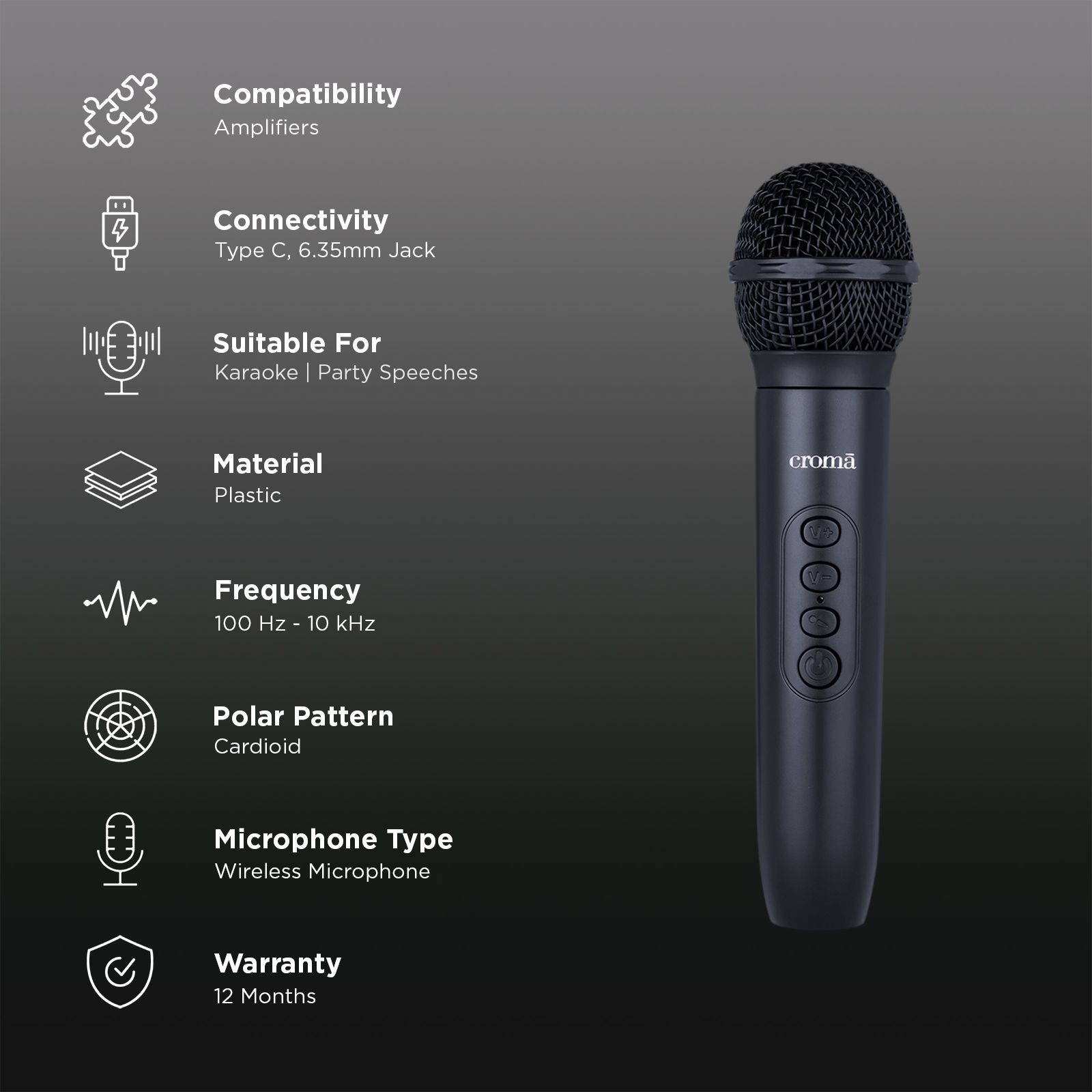 Croma Type C & 6.35mm Jack Wireless Microphone with 2.4GHz Transmission (Black)_3