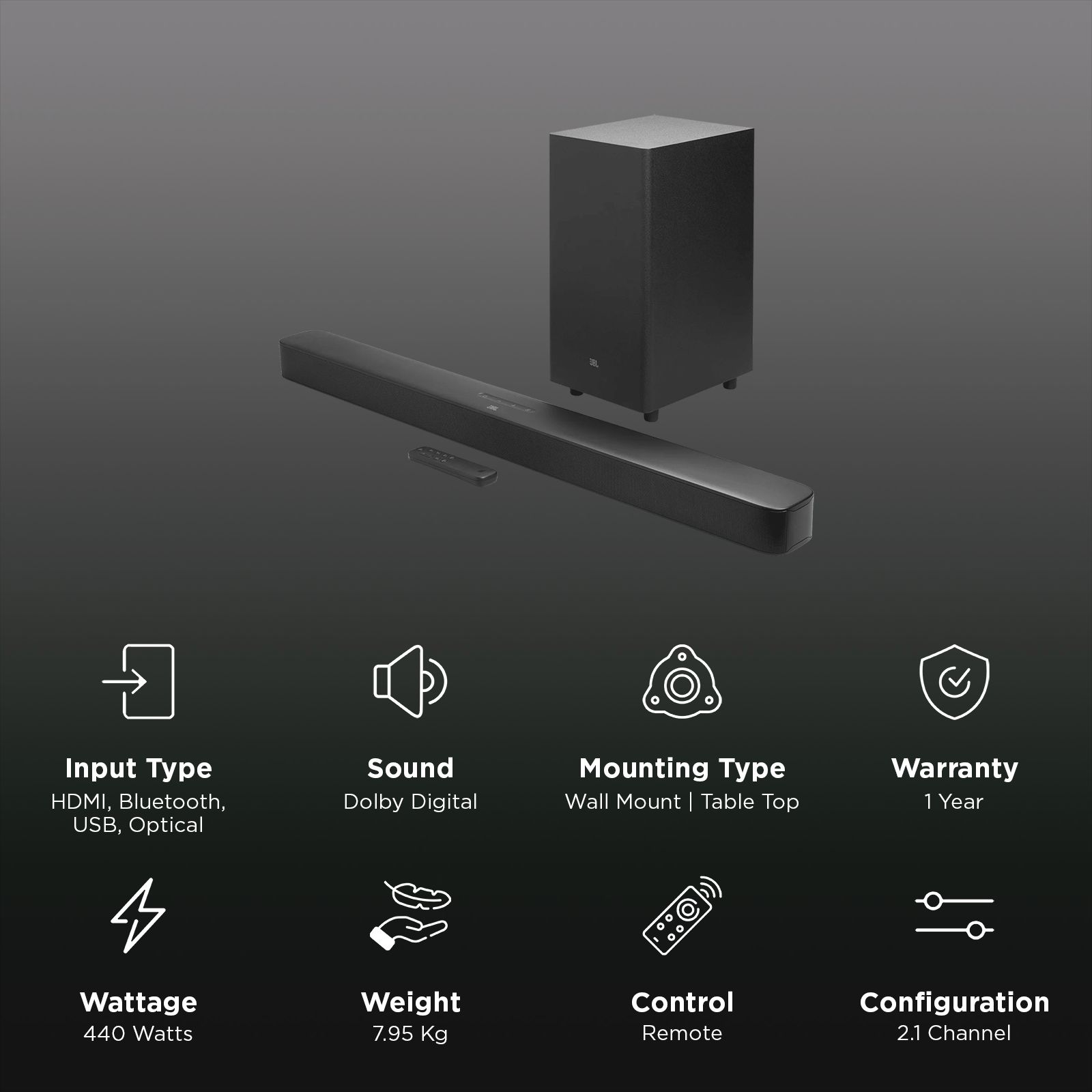 JBL Bar 2.1 Essential 440W Bluetooth Soundbar with Remote (Dolby Digital, 2.1 Channel, Black)_2