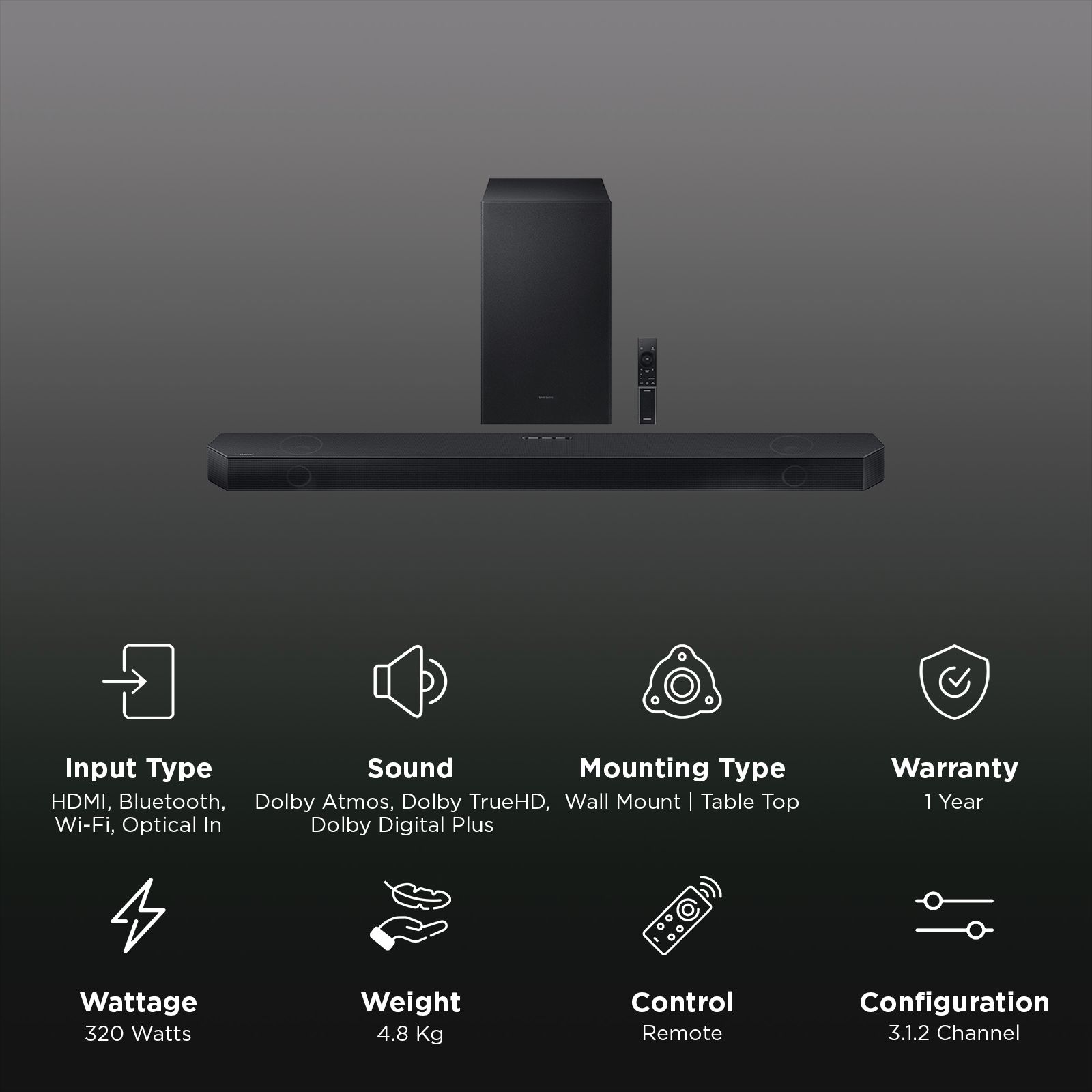 SAMSUNG Q-series 320W Bluetooth Soundbar with Remote (Wireless Dolby Atmos, 3.1.2 Channel, Titan Black)_4