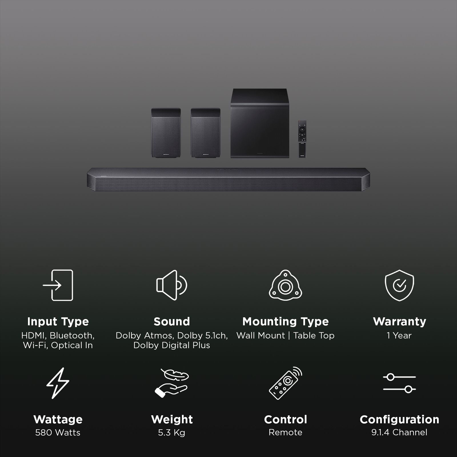 SAMSUNG Q-series 580W Bluetooth Soundbar with Remote (Wireless Dolby Atmos, 9.1.4 Channel, Titan Black) SAMSUNG Q-series 580W Bluetooth Soundbar with Remote (Wireless Dolby Atmos, 9.1.4 Channel, Titan Black)_2