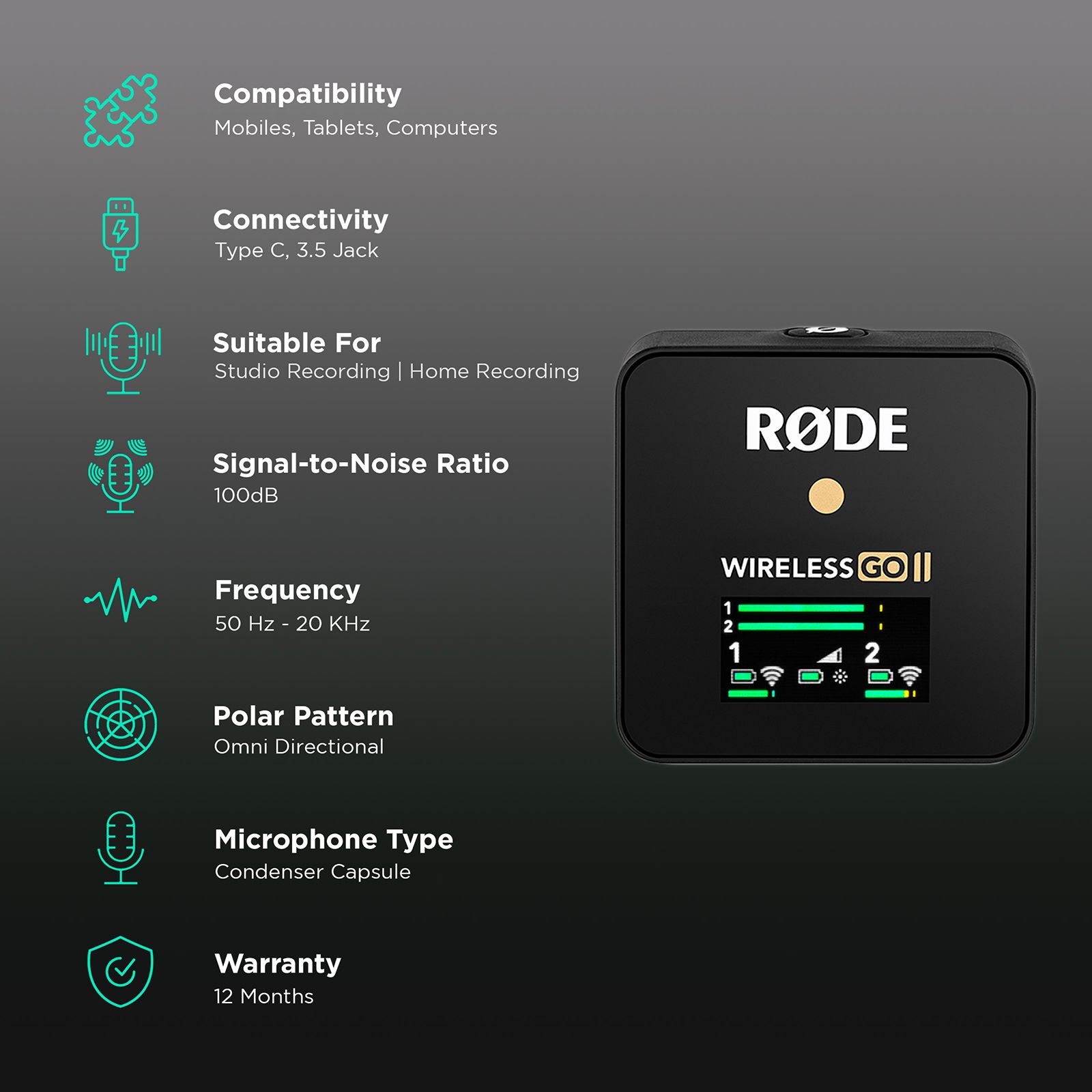 RODE Wireless Go II Dual Type C & 3.5 Jack Wireless Microphone with Patent Pending Technology (Black)_2