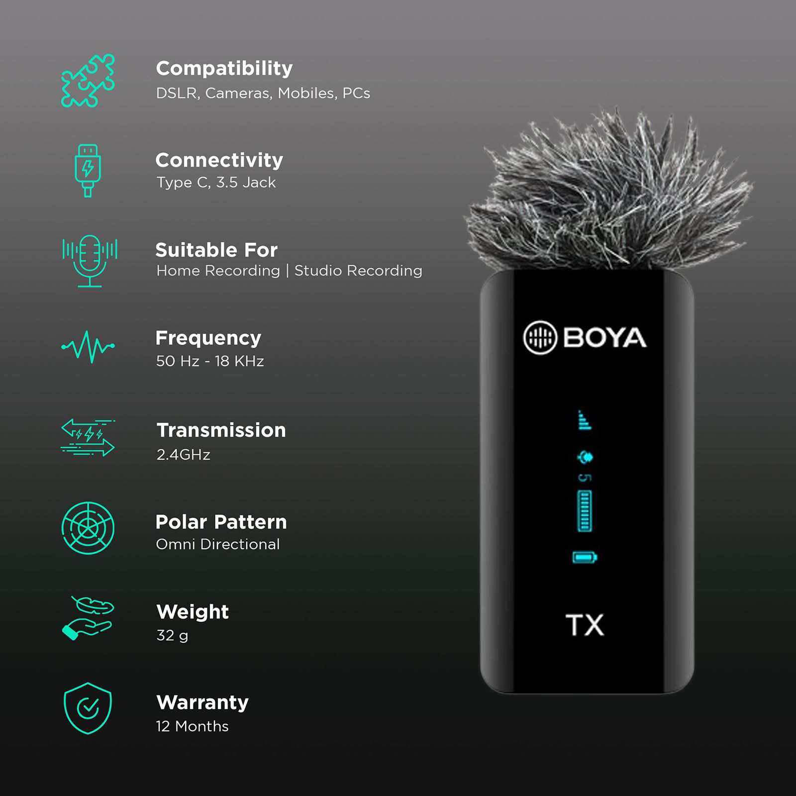Boya Type C & 3.5 Jack Wireless Microphone with 2.4GHz Transmission Technology (Black)_2