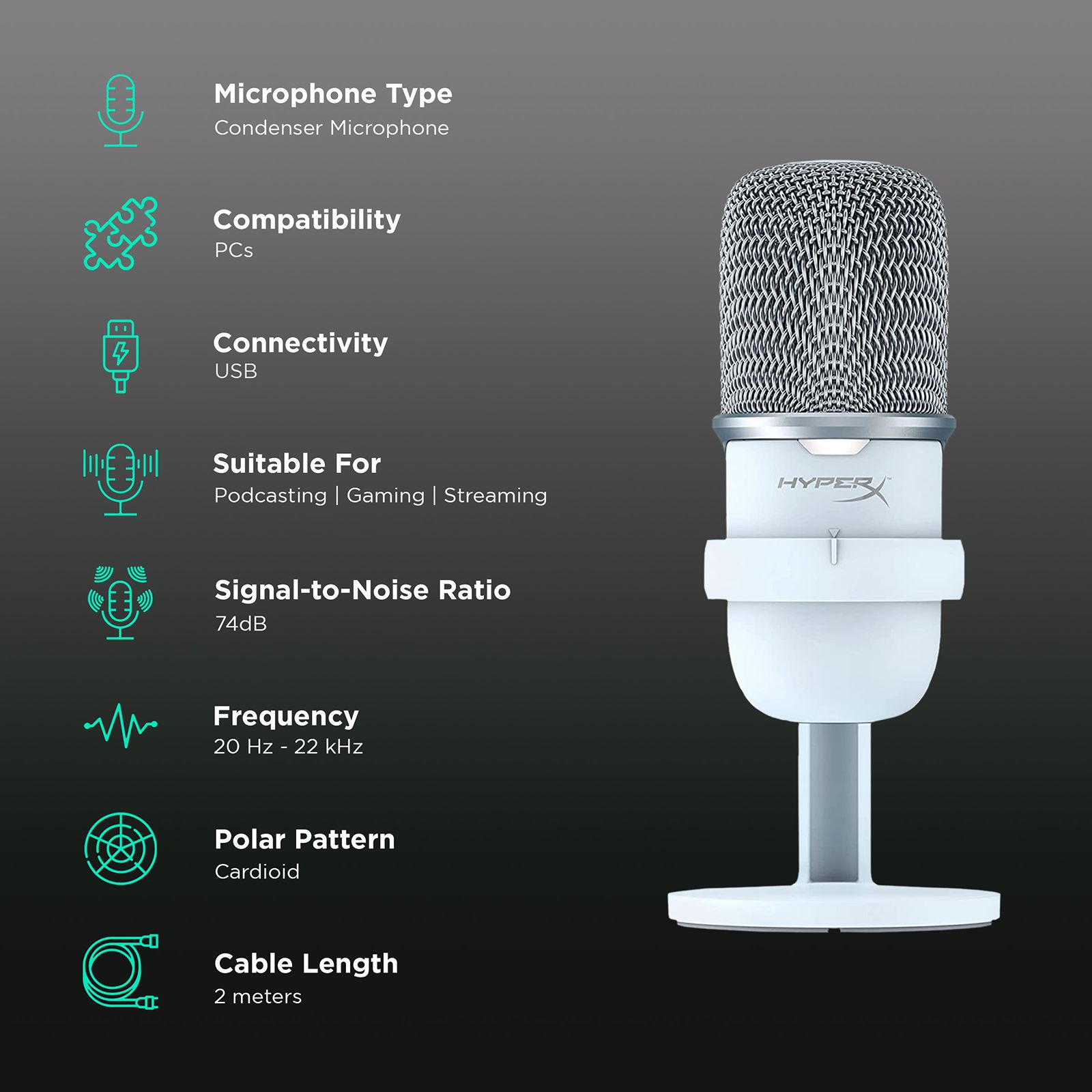 HyperX SoloCast Type C Wired Microphone with Tap-to-Mute Sensor (White) HyperX SoloCast Type C Wired Microphone with Tap-to-Mute Sensor (White)_2