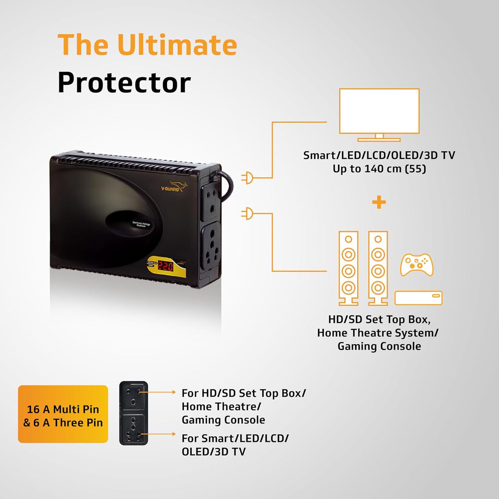 V-Guard Crystal Plus 3 Amps Voltage Stabilizer For Up to 140cm (55") TV + 1 SetTop Box + 1 Home Theatre (90 - 290 V, Thermal Overload Protection, Black) V-Guard Crystal Plus 3 Amps Voltage Stabilizer For Up to 140cm (55") TV + 1 SetTop Box + 1 Home Theatre (90 - 290 V, Thermal Overload Protection, Black)_2