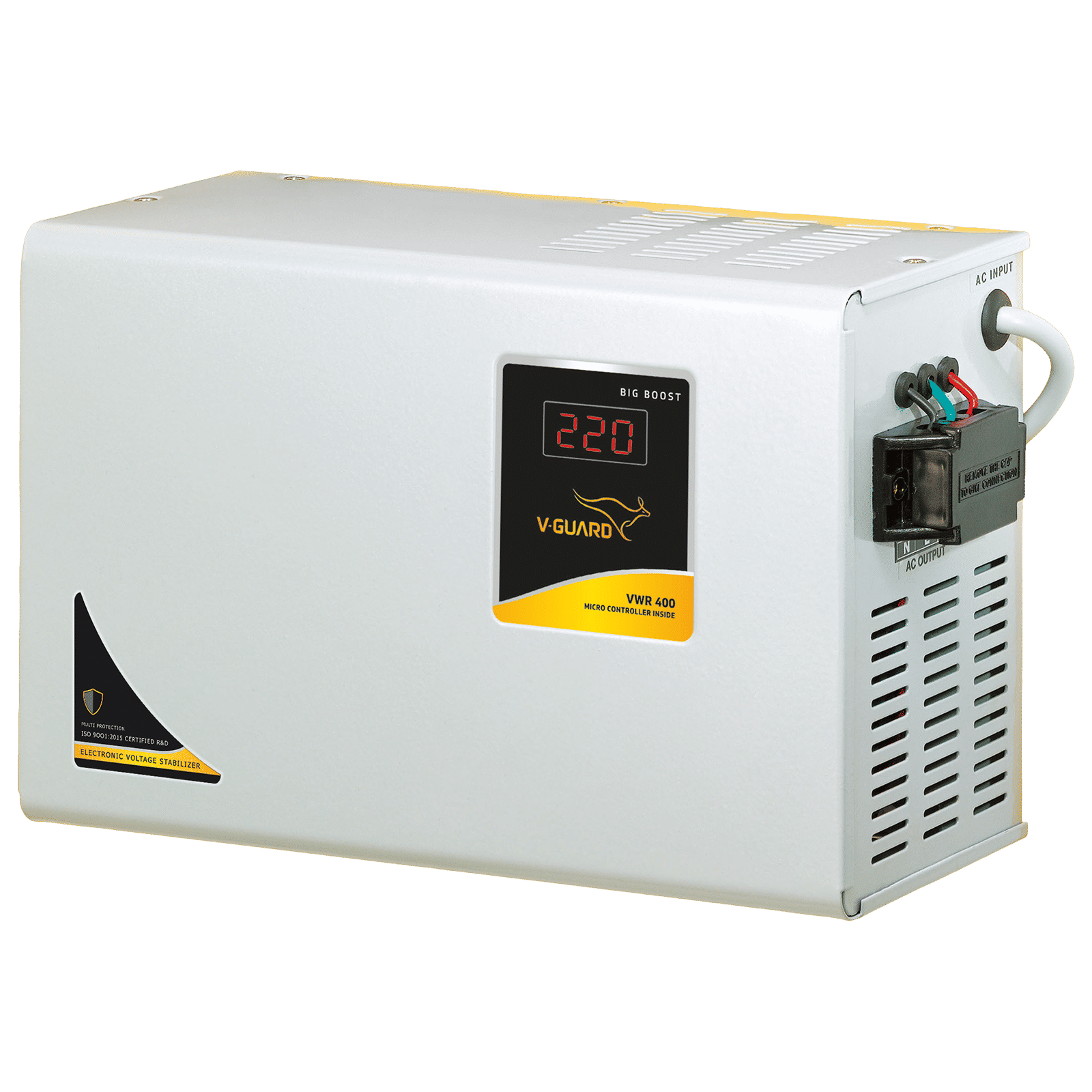 V-GUARD 12 Amps Voltage Stabilizer For Up to 1.5 Ton Air Conditioner (130 - 300 V, Built-In Thermal Overload Protection, VWR 400, Grey)_1