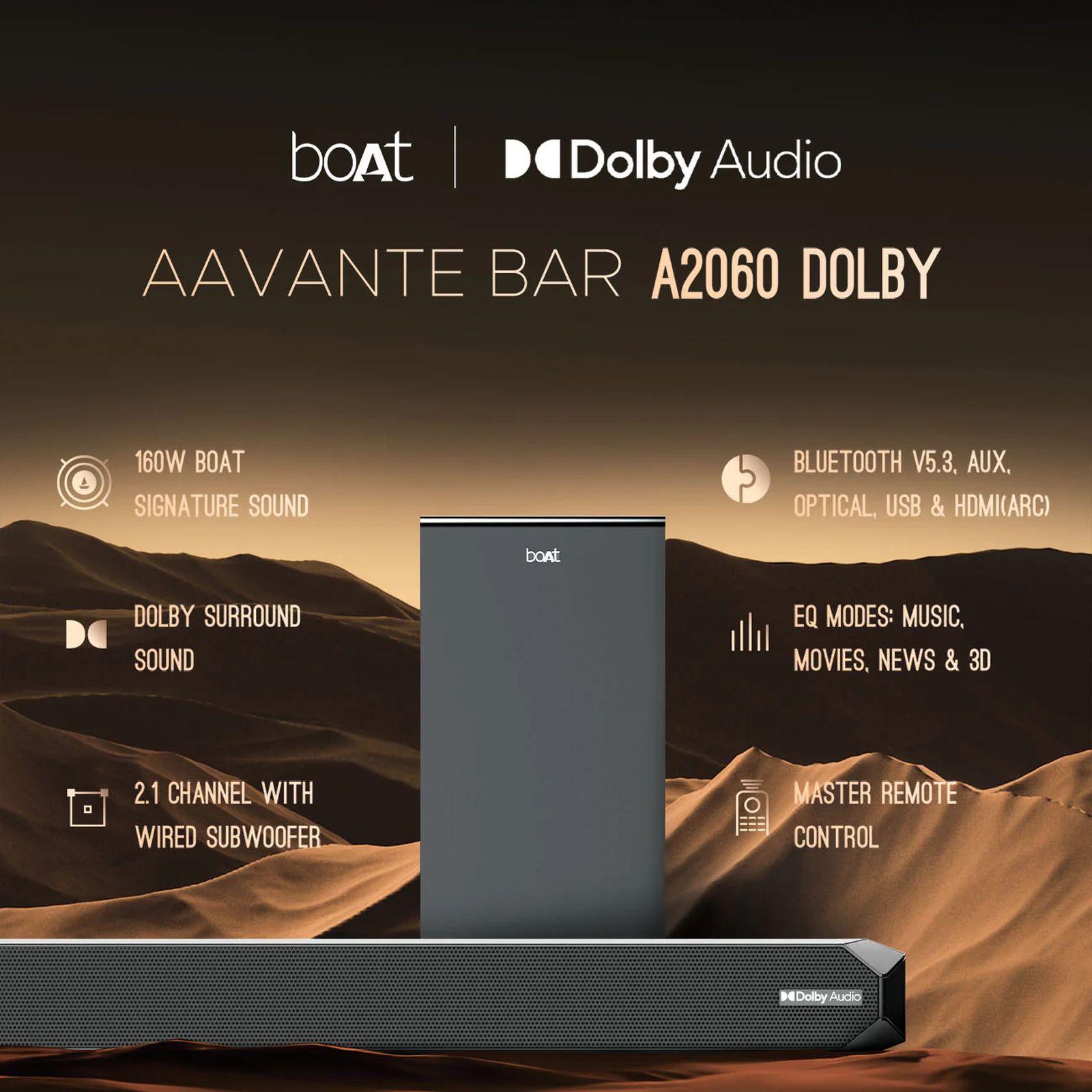 boAt Aavante Bar A2060 160W Bluetooth Soundbar with Remote (Dolby Audio, 2.1 Channel, Premium Black) boAt Aavante Bar A2060 160W Bluetooth Soundbar with Remote (Dolby Audio, 2.1 Channel, Premium Black)_10