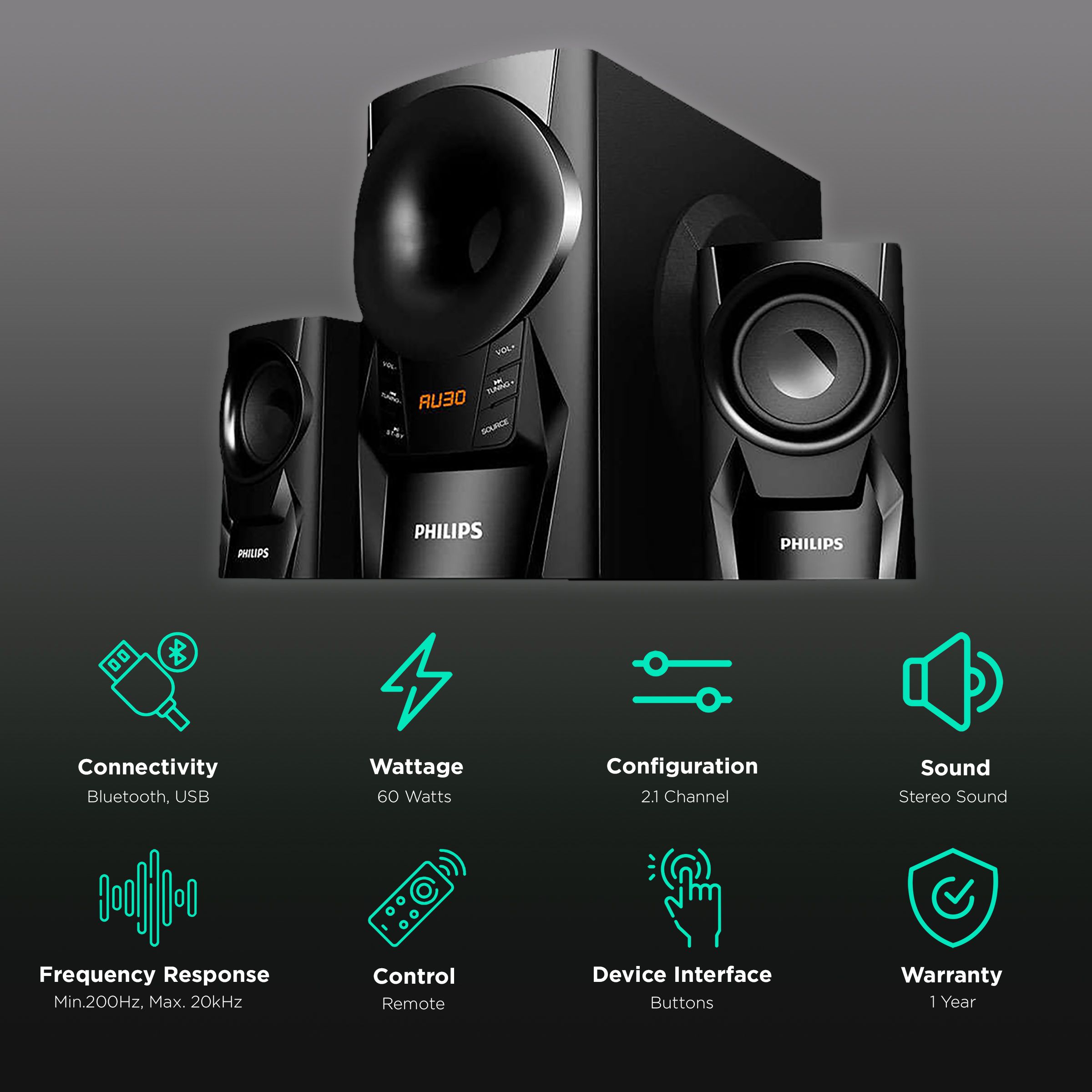 PHILIPS 60W Multimedia Speaker (Stereo Sound, 2.1 Channel, Black)_2