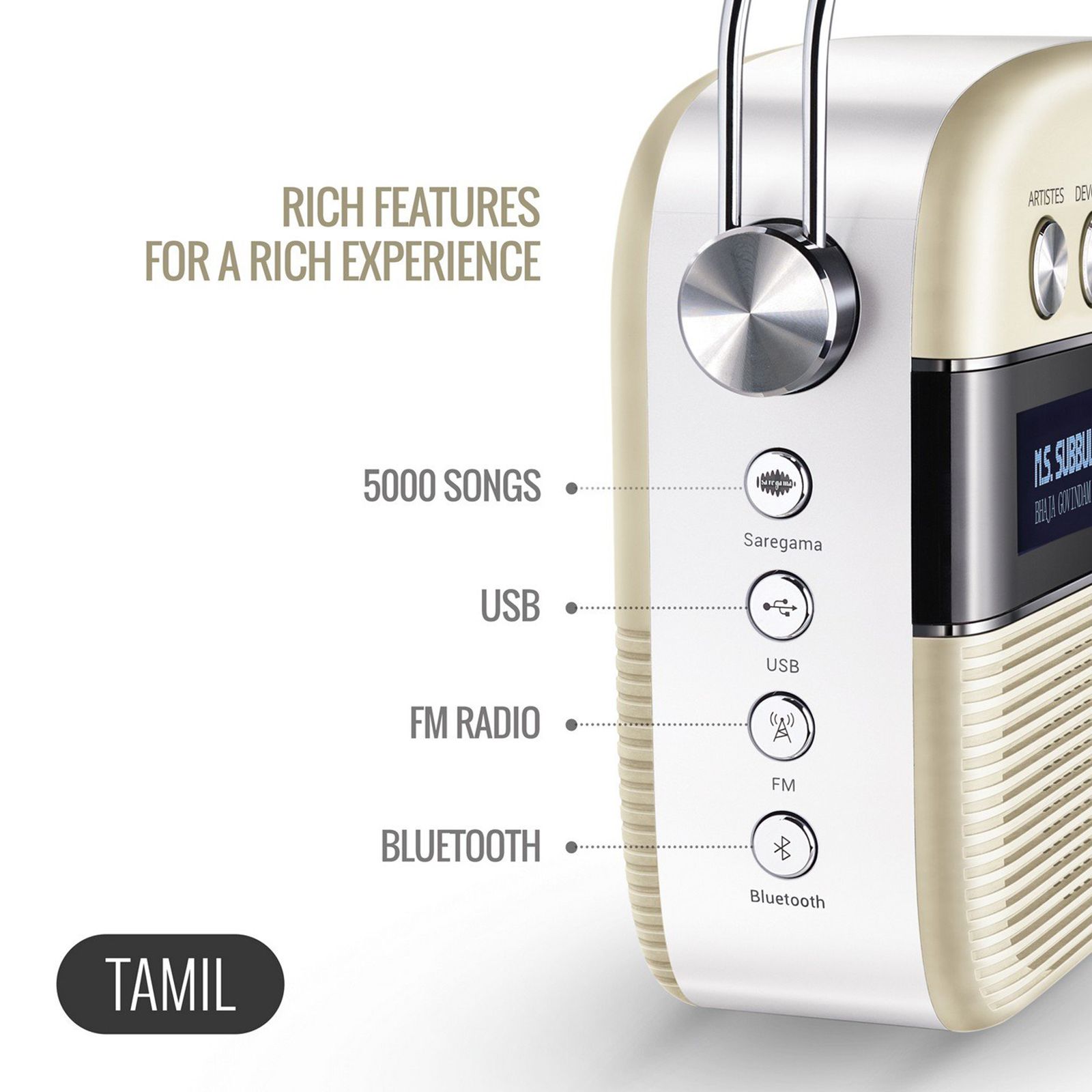 SAREGAMA Carvaan 6W Portable Bluetooth Speaker (5000 Pre Loaded Songs, Stereo Channel, White)_11