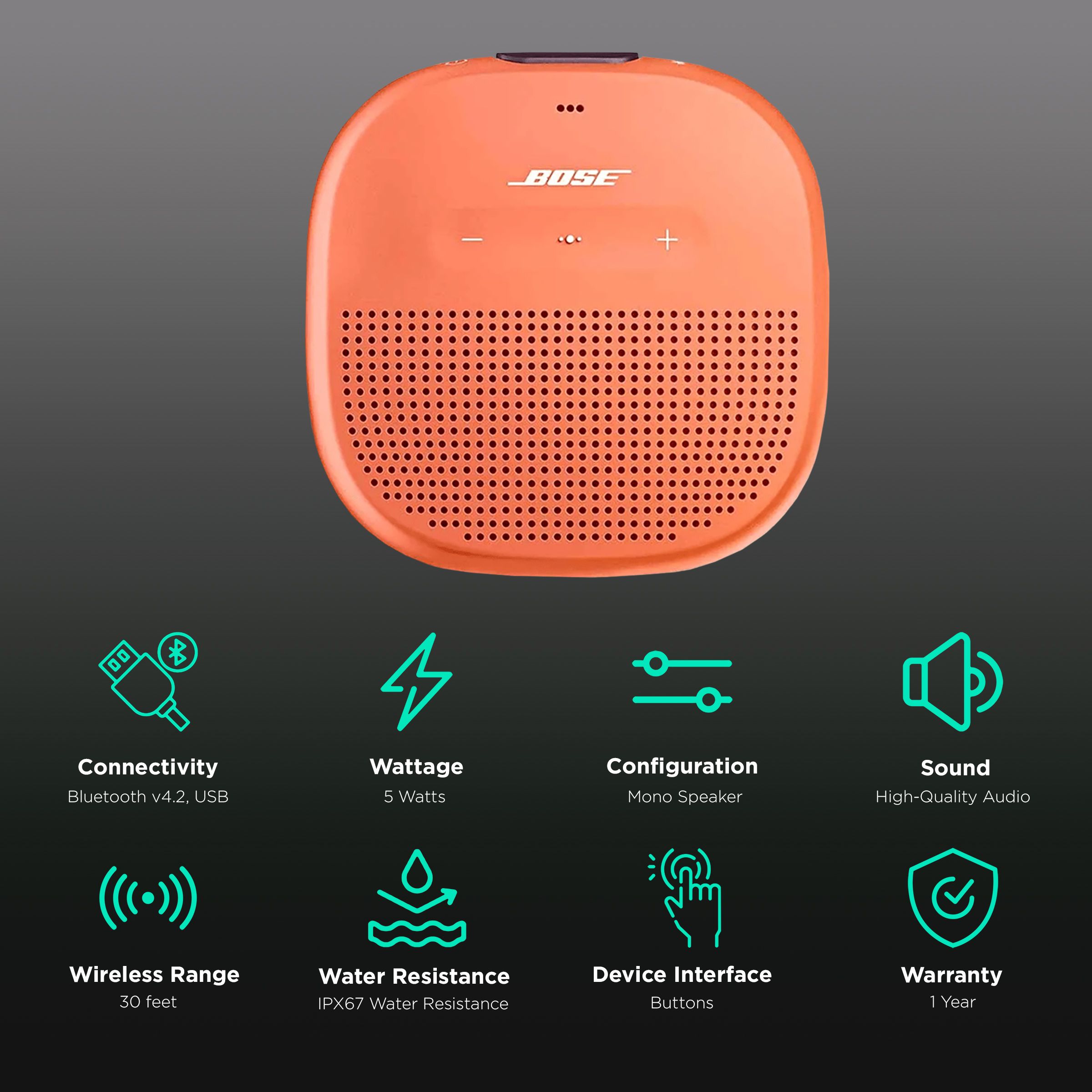 BOSE SoundLink Micro 5W Portable Bluetooth Speaker (IPX67 Water Resistant, Stereo Sound, Mono Speaker, Bright Orange)_2