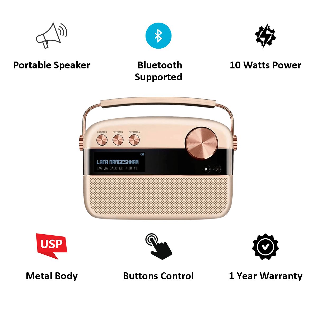 SAREGAMA Carvaan 10W Portable Bluetooth Speaker (5000 Pre Loaded Songs, Stereo Channel, Rose Gold)_3