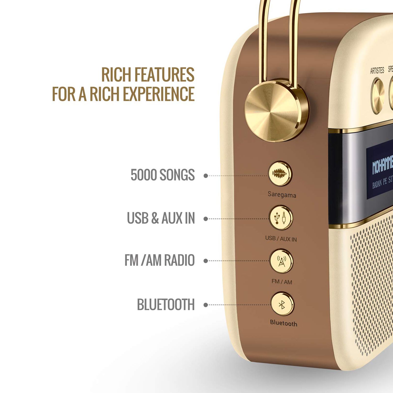 SAREGAMA Carvaan 10W Portable Bluetooth Speaker (5000 Pre Loaded Songs, Stereo Channel, Champagne Gold)_12