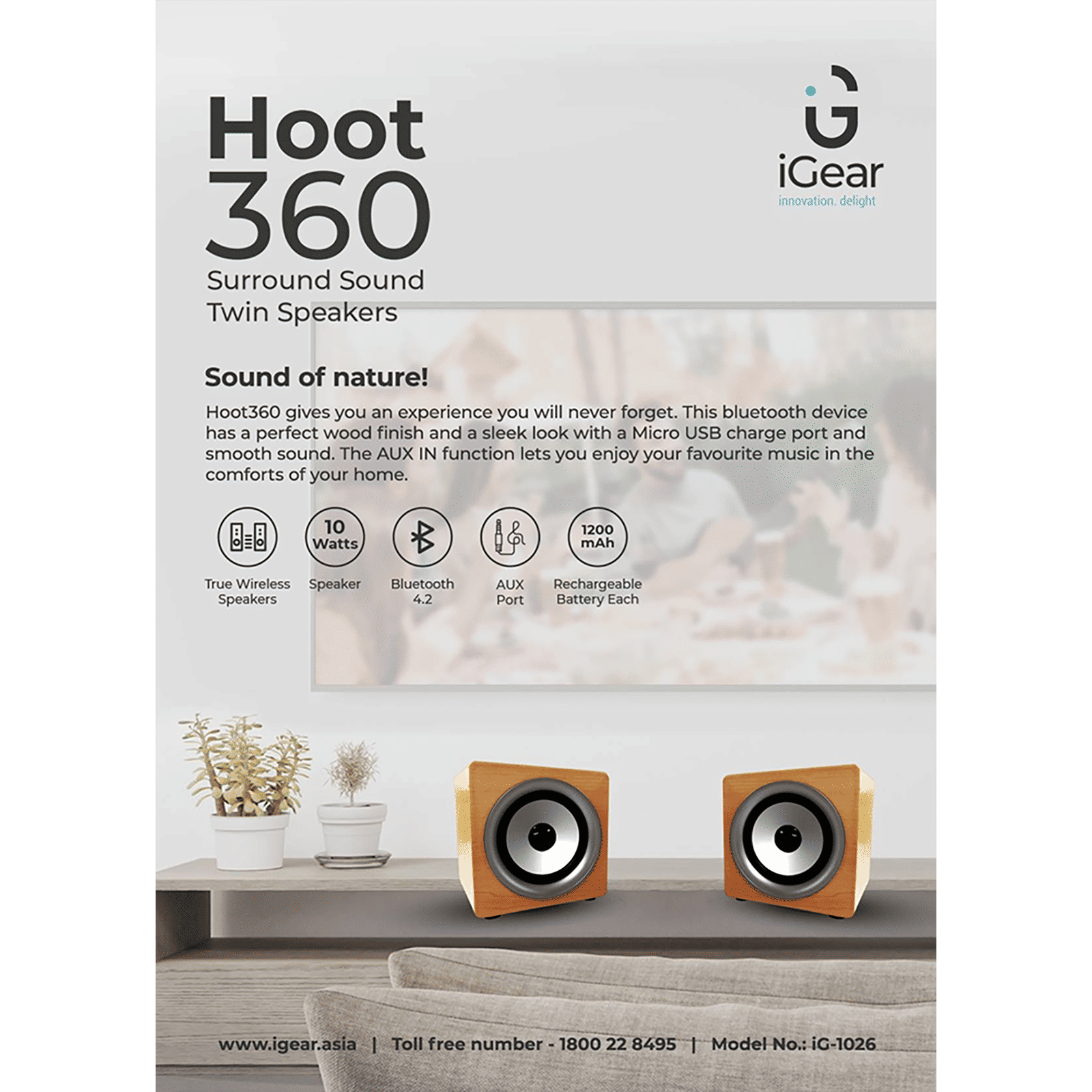 iGear Hoot 360 Degree TWS Bluetooth Speaker (iG-1026, Brown)_10