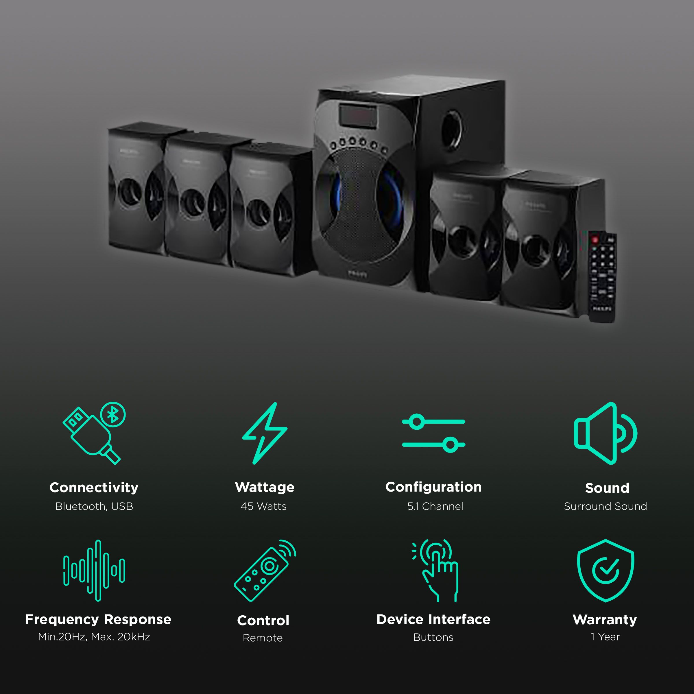 PHILIPS 45W Multimedia Speaker (Surround Sound, 5.1 Channel, Black) PHILIPS 45W Multimedia Speaker (Surround Sound, 5.1 Channel, Black)_2