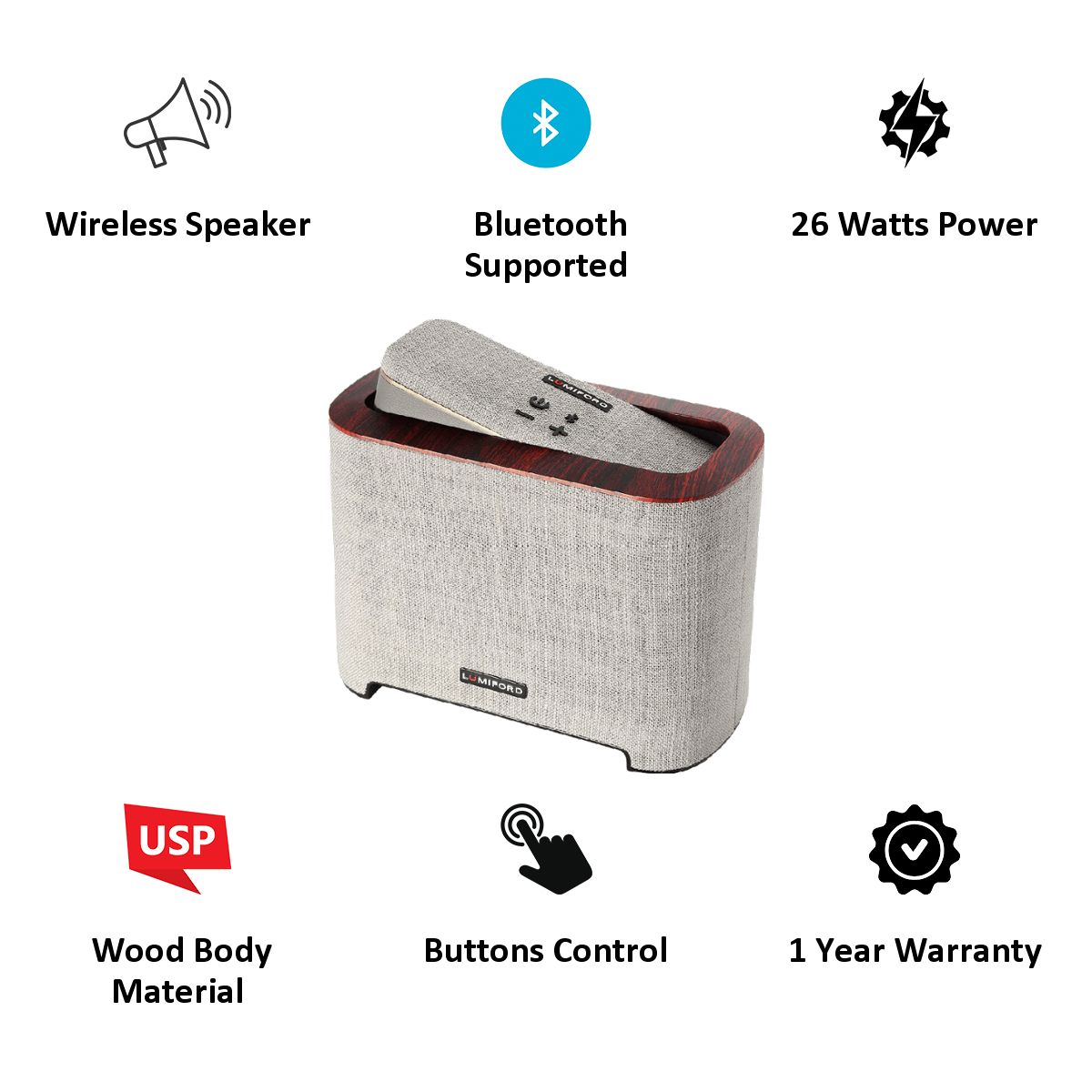 LUMIFORD BT04 26W Portable Bluetooth Speaker (Voice Assistant Supported, 2.1 Channel, Light Grey)_3
