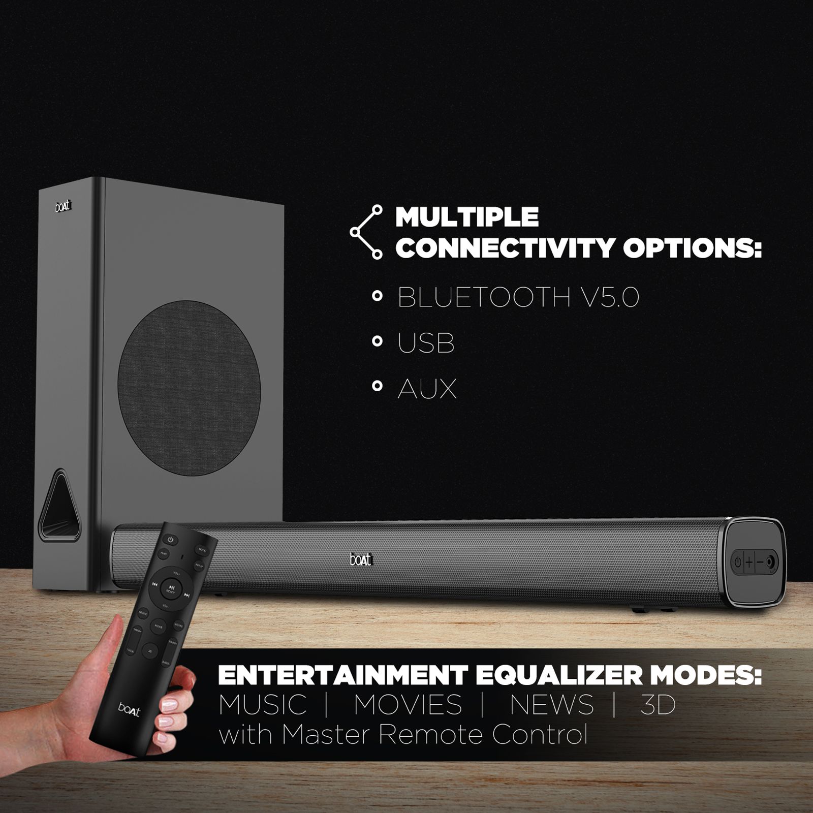 boAt Aavante Bar 1280 120W Bluetooth Soundbar with Remote (Surround Sound, 2.1 Channel, Black) boAt Aavante Bar 1280 120W Bluetooth Soundbar with Remote (Surround Sound, 2.1 Channel, Black)_8