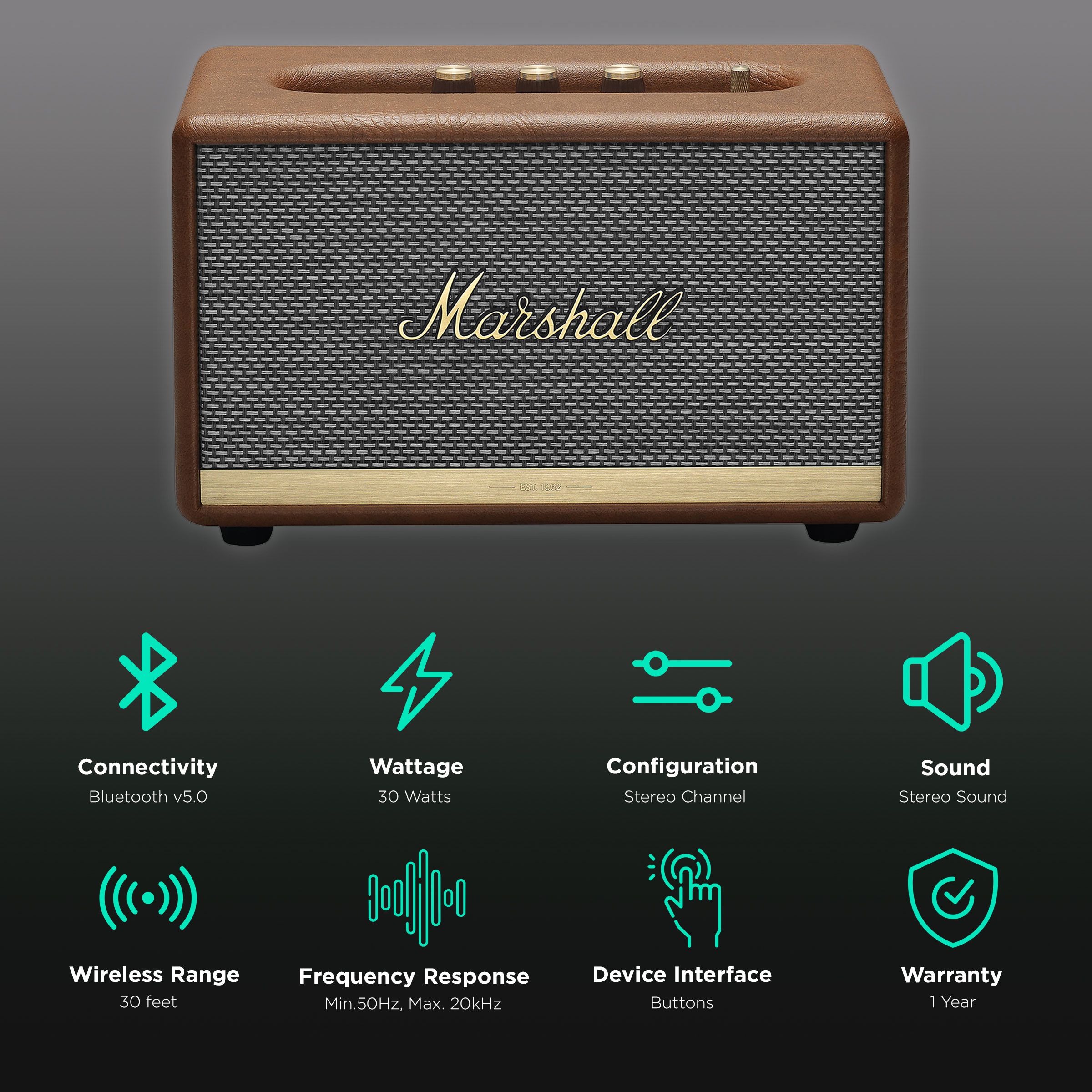 Marshall Acton II 30W Portable Bluetooth Speaker (Multi-Host Functionality, Stereo Channel, Brown)_2