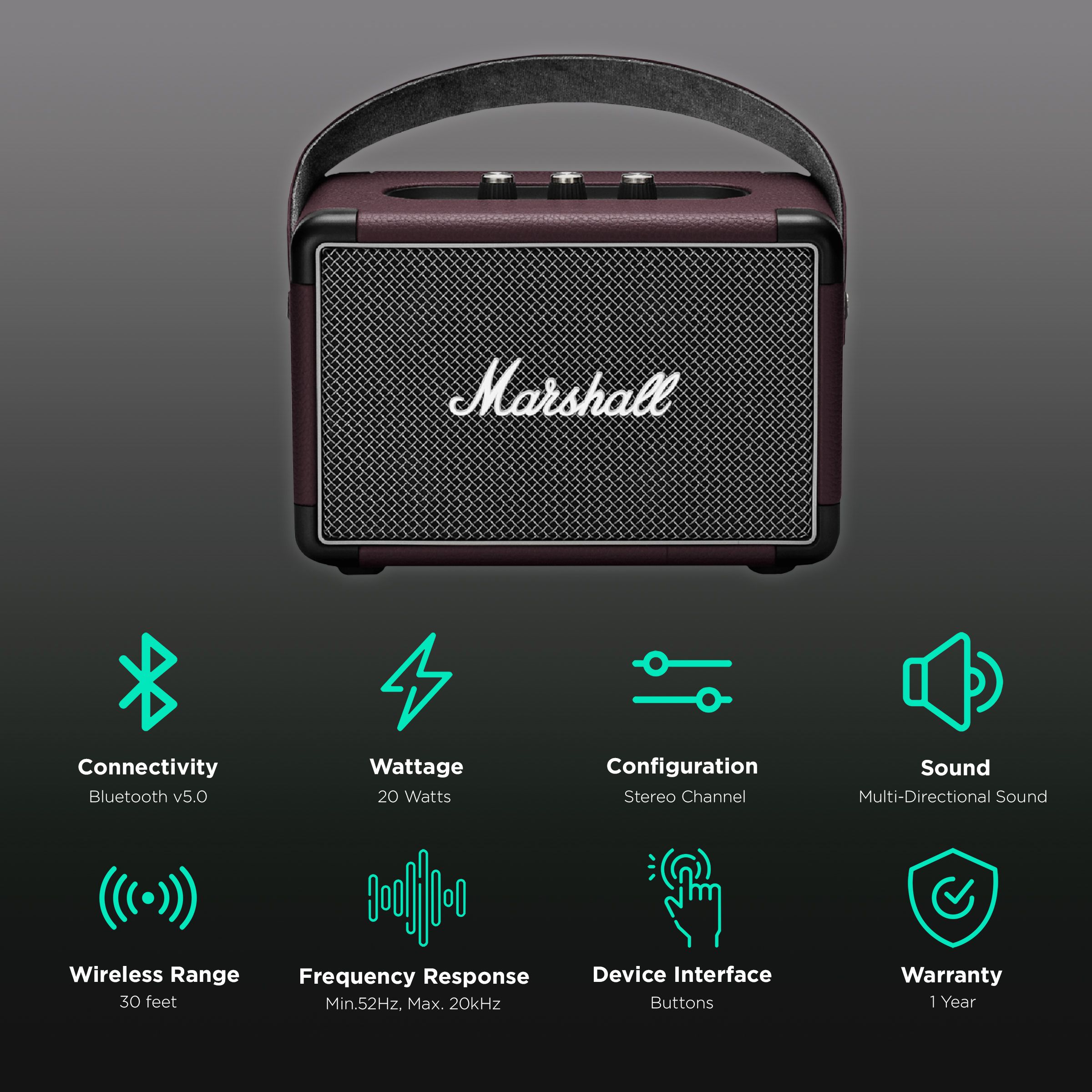 Marshall Kilburn II 20W Portable Bluetooth Speaker (IPX2 Water Resistant, Multi-Host Functionality, Stereo Channel, Burgundy) Marshall Kilburn II 20W Portable Bluetooth Speaker (IPX2 Water Resistant, Multi-Host Functionality, Stereo Channel, Burgundy)_2