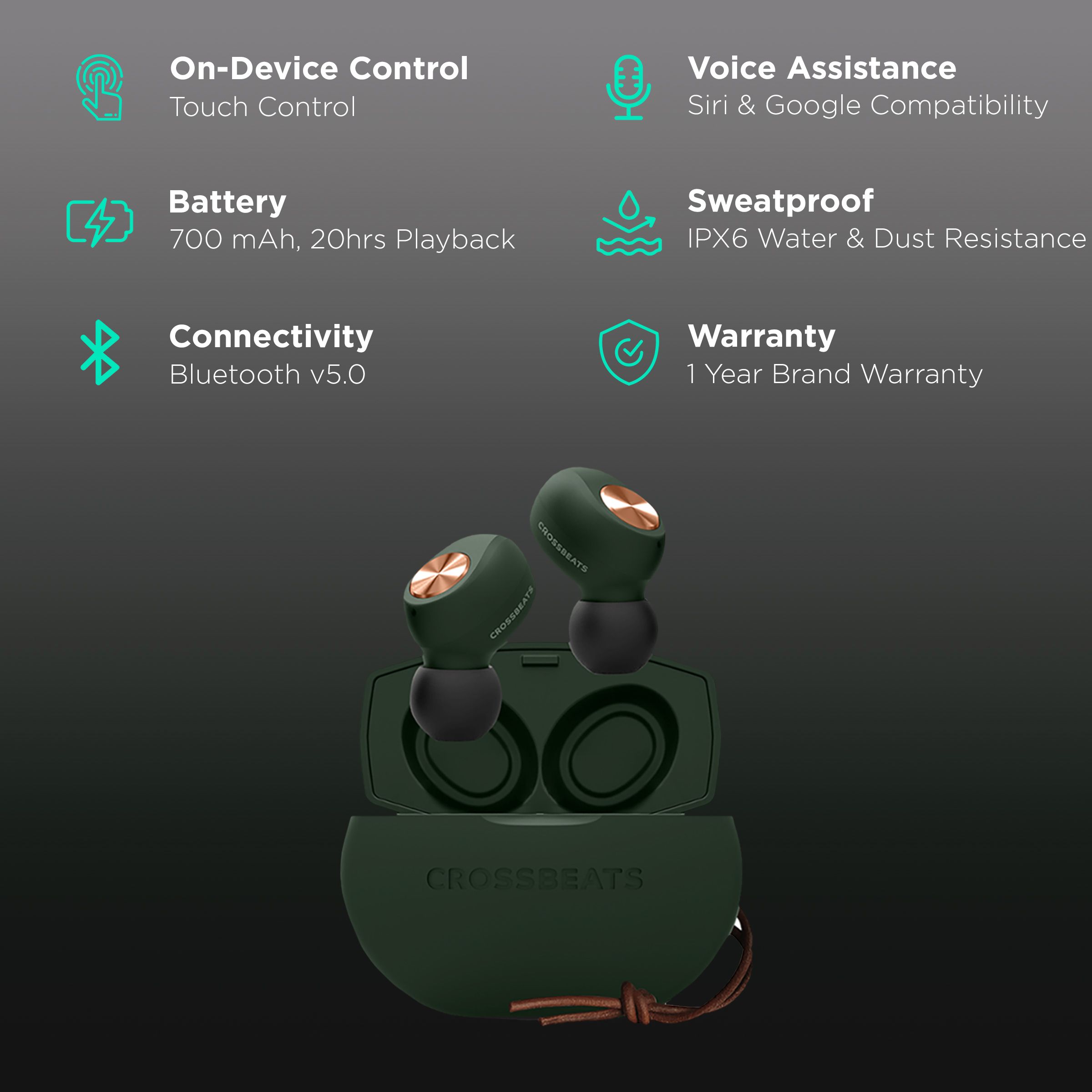 CROSSBEATS Pebble TWS Earbuds with Passive Noise Cancellation (IPX6 Water & Dust Resistant, Deep Bass Technology, Green)_2
