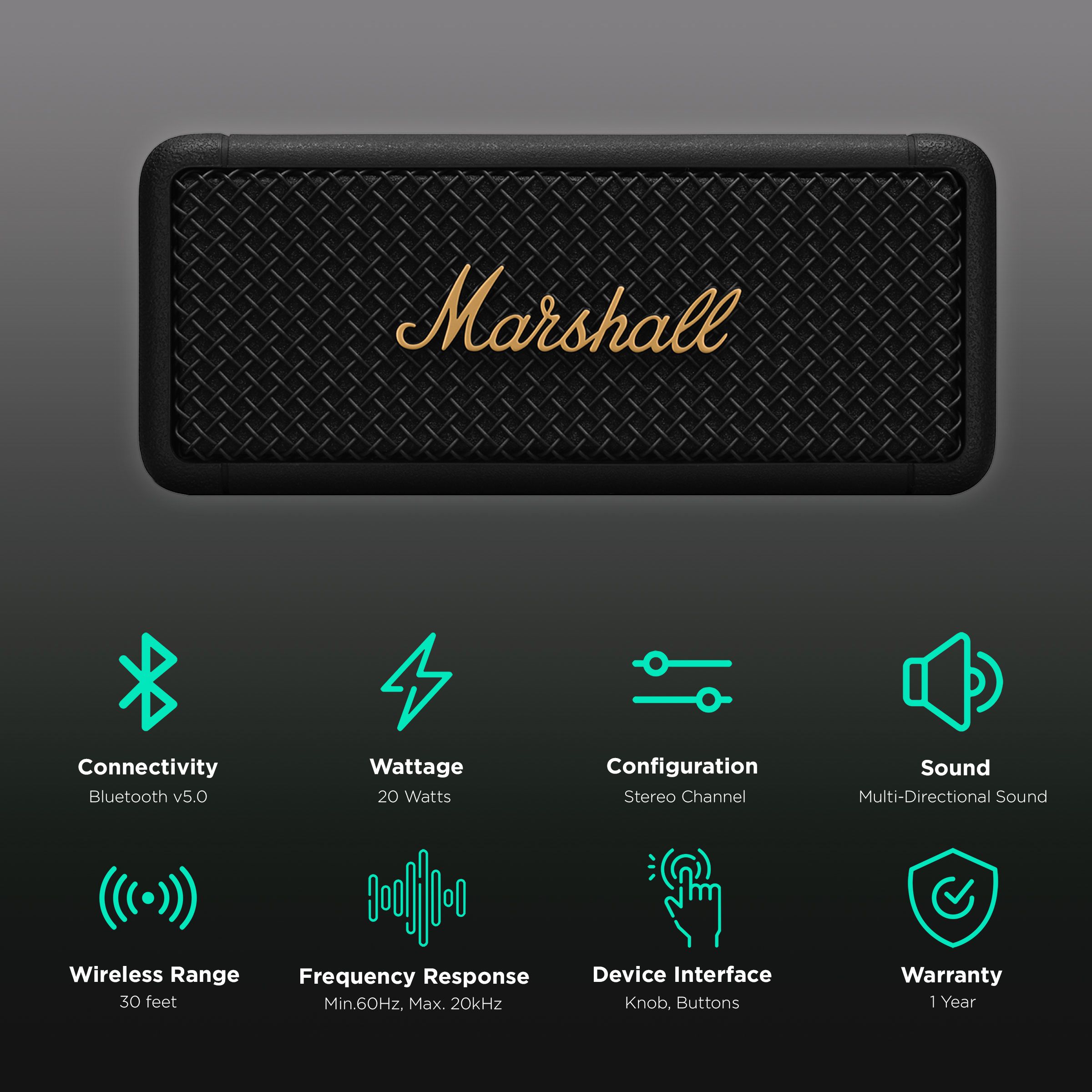 Marshall Emberton 20W Portable Bluetooth Speaker (IPX7 Water Resistant, Superior Signature Sound, Stereo Channel, Black/Brass) Marshall Emberton 20W Portable Bluetooth Speaker (IPX7 Water Resistant, Superior Signature Sound, Stereo Channel, Black/Brass)_2